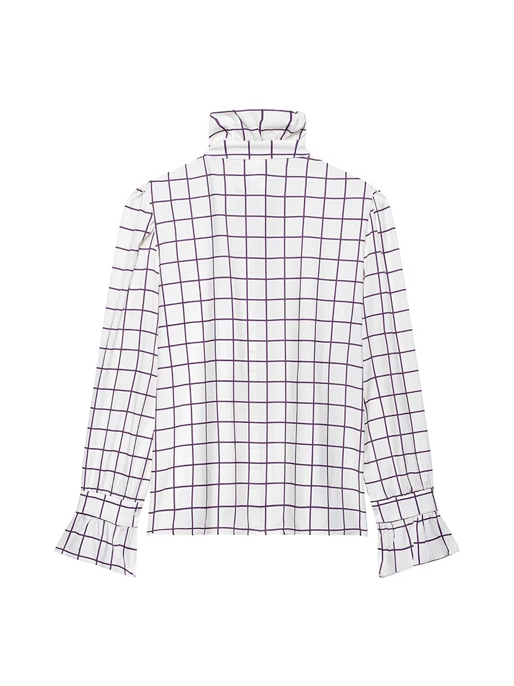 Sweet Women Ruffles Plaid Purple Shirts 2025 Fashion Ladies Casual Stand Collar Blouses for Party Female Elegant Tops Clothes