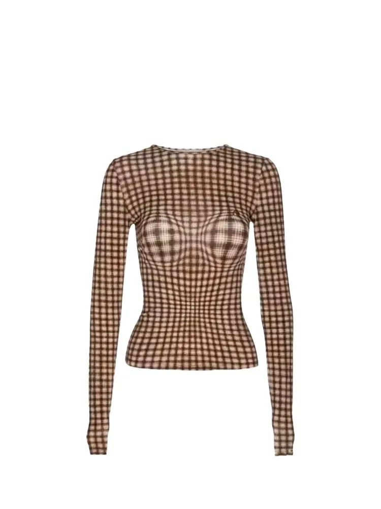 Fashion Women's Pullover T-shirts Brown Plaid Top Slim Fitting and Slimming Round Neck Long Sleeved Tshirts Top Base