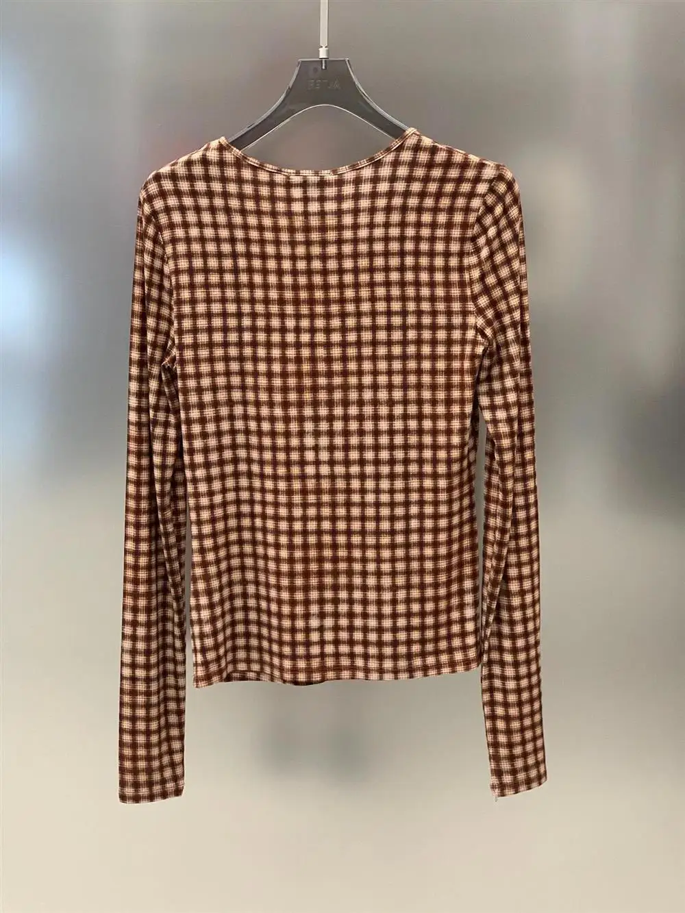 Fashion Women's Pullover T-shirts Brown Plaid Top Slim Fitting and Slimming Round Neck Long Sleeved Tshirts Top Base