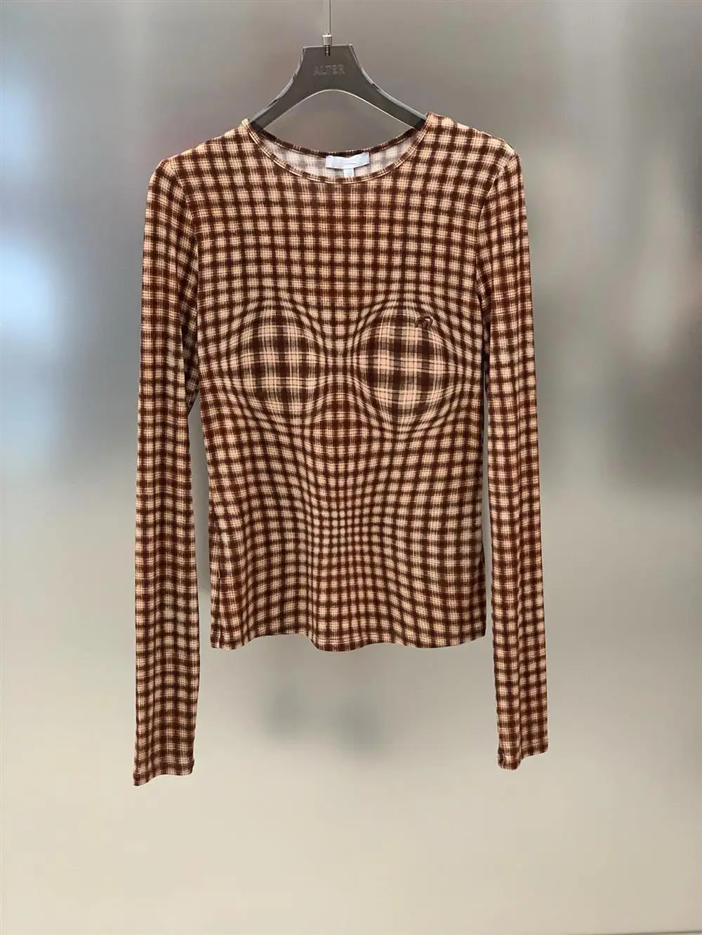 Fashion Women's Pullover T-shirts Brown Plaid Top Slim Fitting and Slimming Round Neck Long Sleeved Tshirts Top Base
