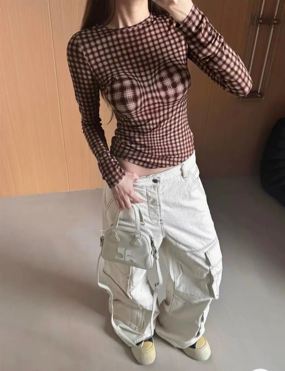 Fashion Women's Pullover T-shirts Brown Plaid Top Slim Fitting and Slimming Round Neck Long Sleeved Tshirts Top Base