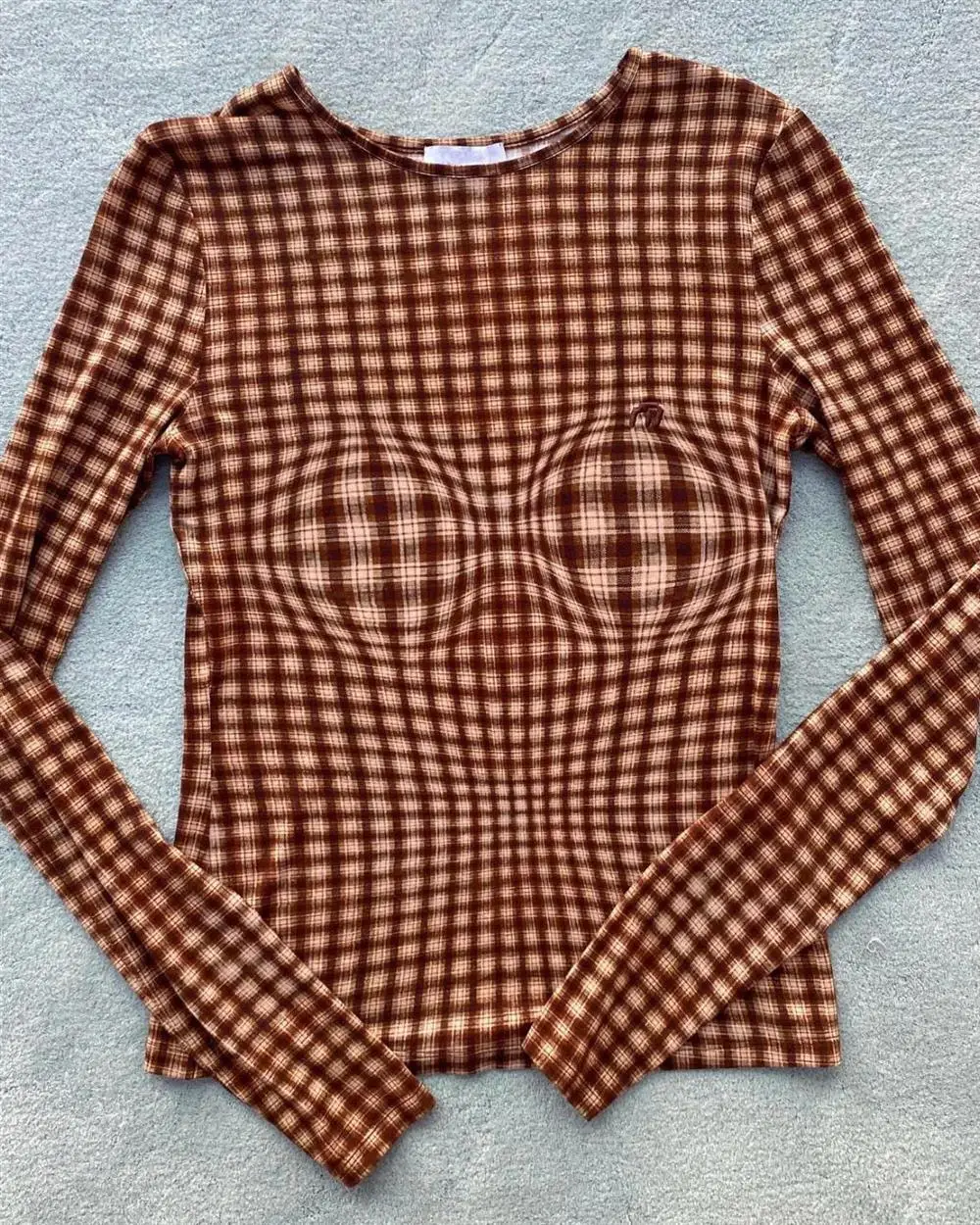 Fashion Women's Pullover T-shirts Brown Plaid Top Slim Fitting and Slimming Round Neck Long Sleeved Tshirts Top Base