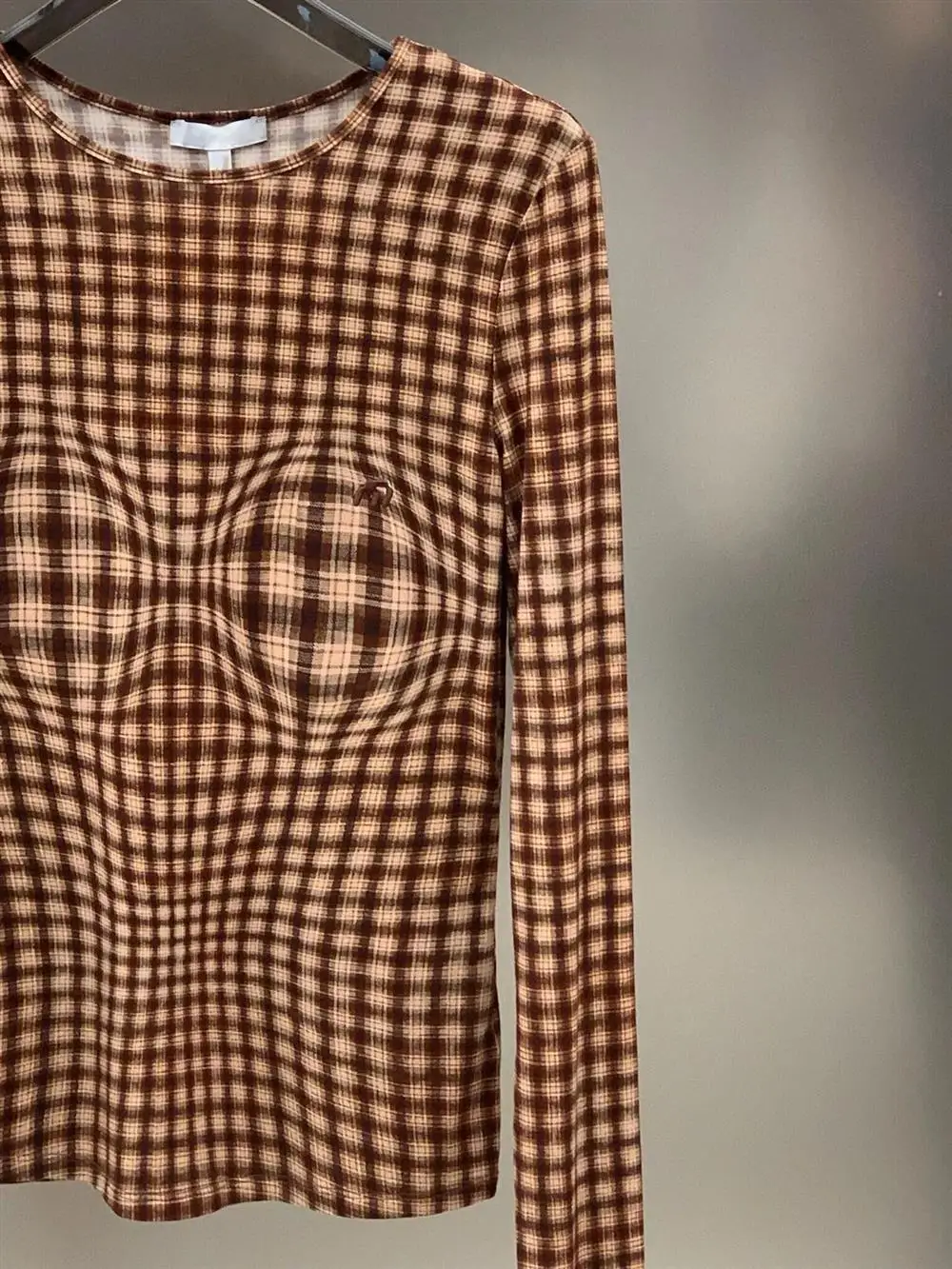 Fashion Women's Pullover T-shirts Brown Plaid Top Slim Fitting and Slimming Round Neck Long Sleeved Tshirts Top Base