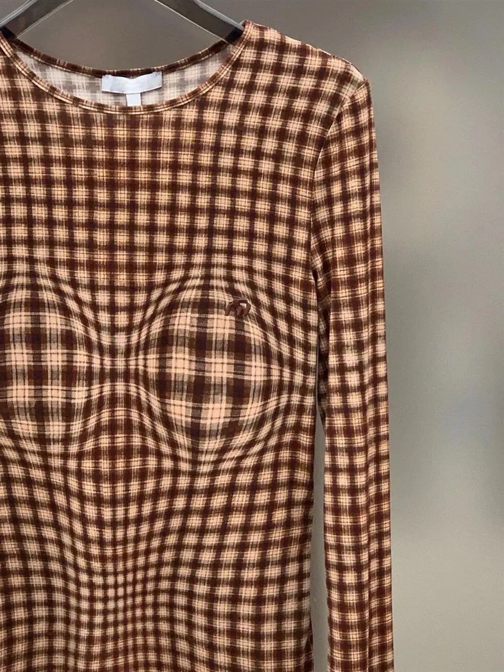 Fashion Women's Pullover T-shirts Brown Plaid Top Slim Fitting and Slimming Round Neck Long Sleeved Tshirts Top Base