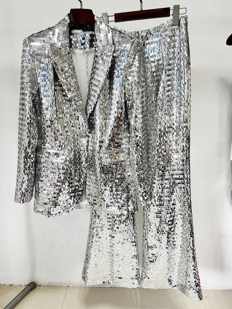 HIGH STREET Newest 2026 Stylish Designer Suit Set Women's Trim Single Button Mesh Sequined Blazer Pants Set