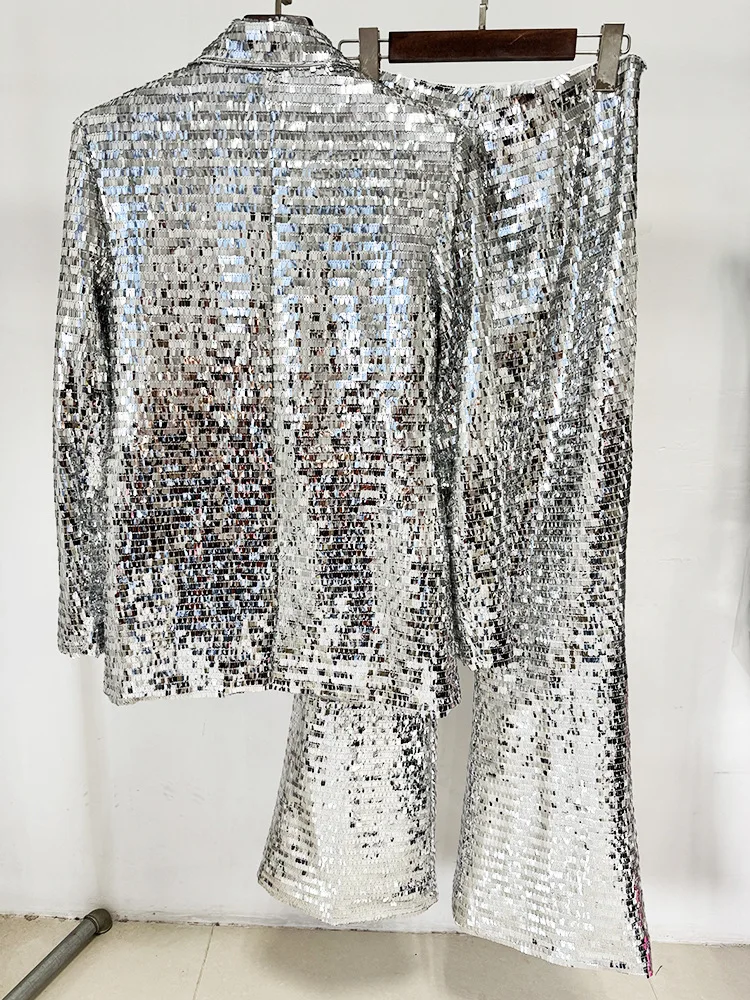 HIGH STREET Newest 2026 Stylish Designer Suit Set Women's Trim Single Button Mesh Sequined Blazer Pants Set