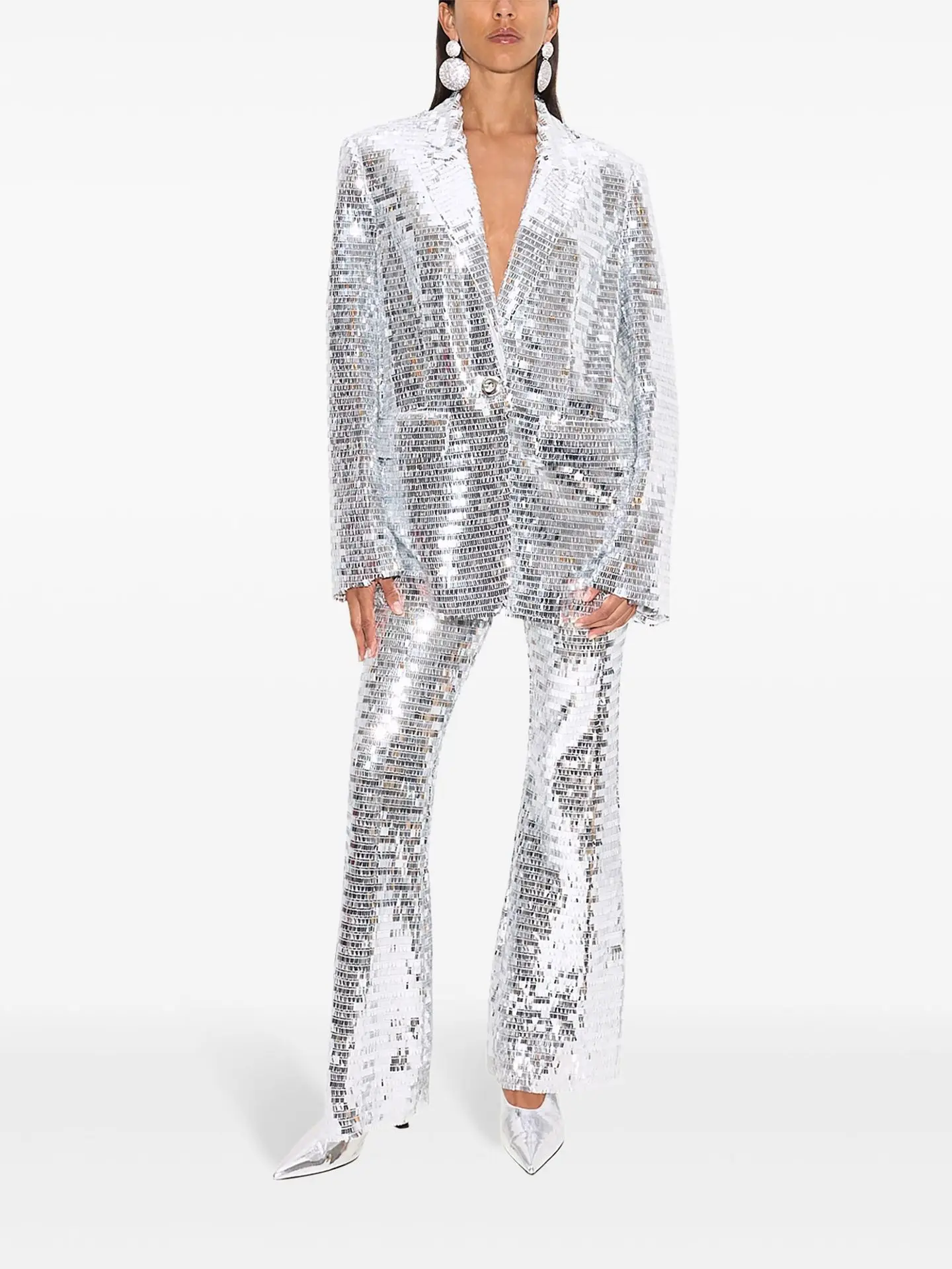 HIGH STREET Newest 2026 Stylish Designer Suit Set Women's Trim Single Button Mesh Sequined Blazer Pants Set