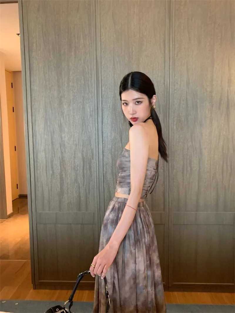 High Street Sexy New Summer Women Designer Vintage Printed Strapless Tube Top High Waist Long Skirt Female Two Piece Set