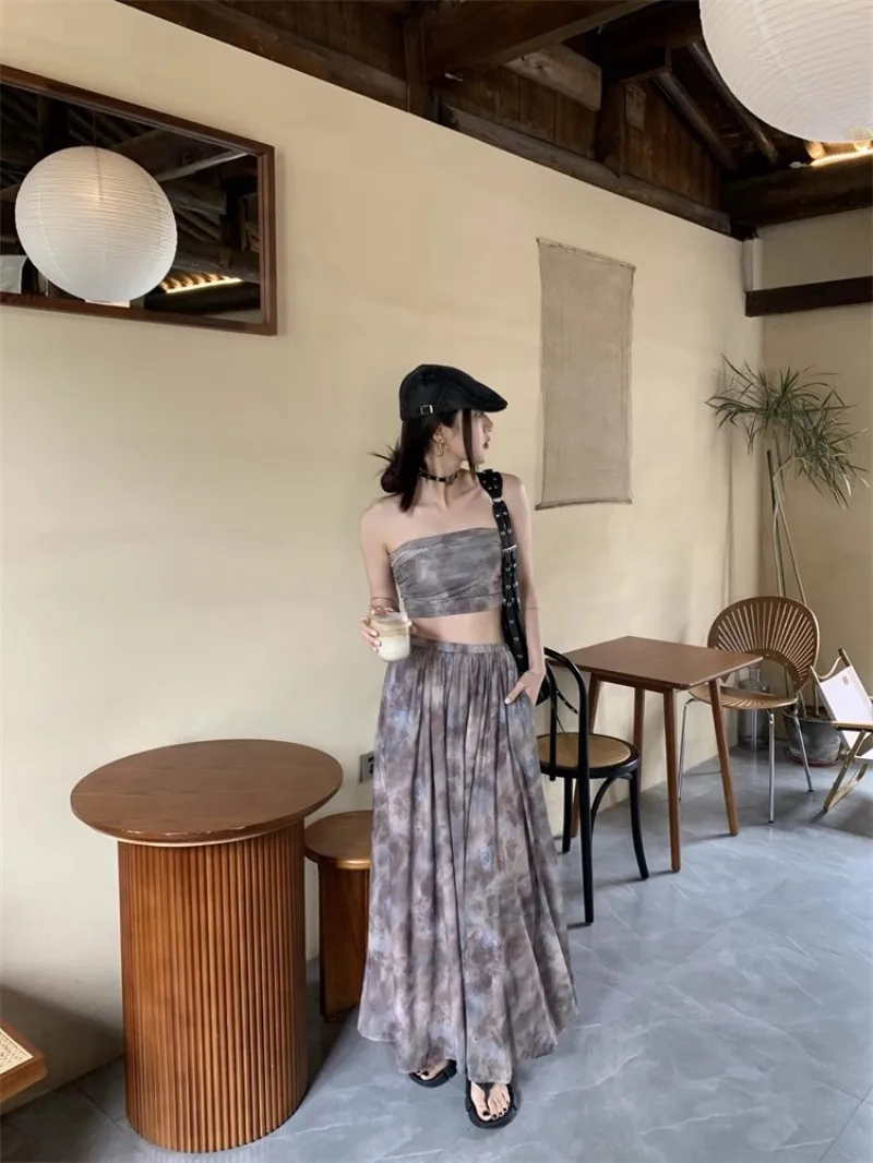 High Street Sexy New Summer Women Designer Vintage Printed Strapless Tube Top High Waist Long Skirt Female Two Piece Set