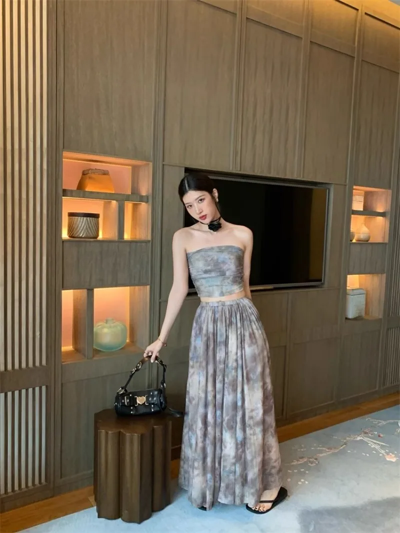 High Street Sexy New Summer Women Designer Vintage Printed Strapless Tube Top High Waist Long Skirt Female Two Piece Set