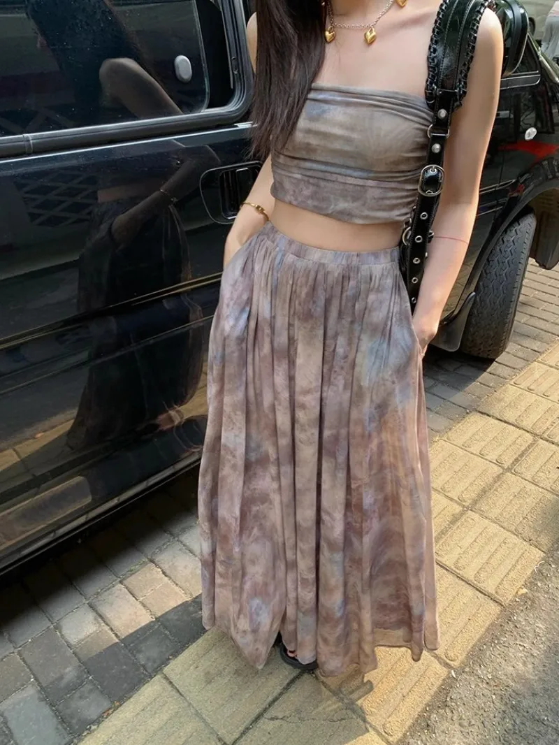 High Street Sexy New Summer Women Designer Vintage Printed Strapless Tube Top High Waist Long Skirt Female Two Piece Set