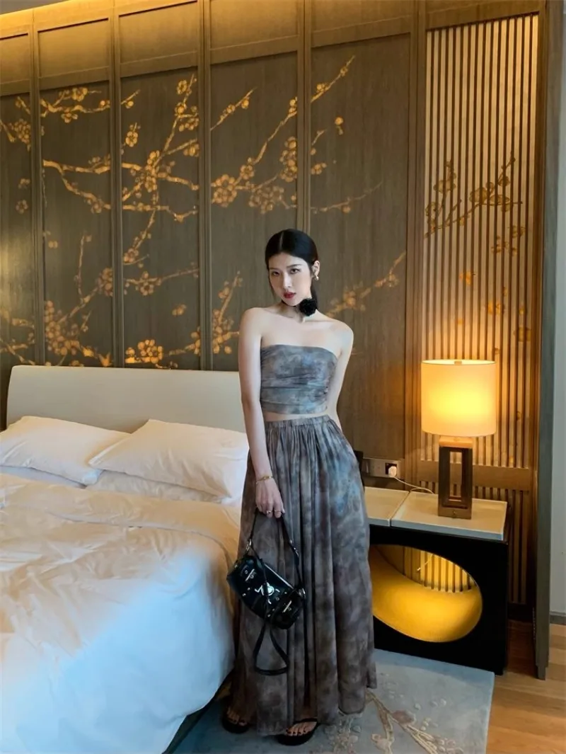 High Street Sexy New Summer Women Designer Vintage Printed Strapless Tube Top High Waist Long Skirt Female Two Piece Set