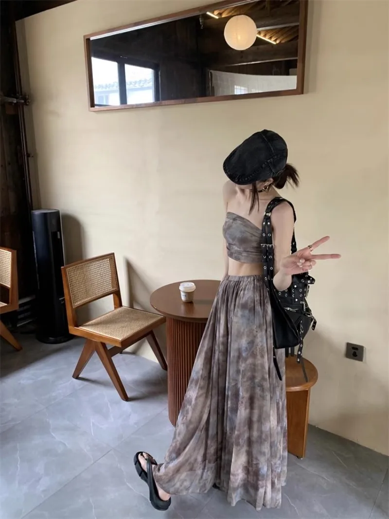 High Street Sexy New Summer Women Designer Vintage Printed Strapless Tube Top High Waist Long Skirt Female Two Piece Set