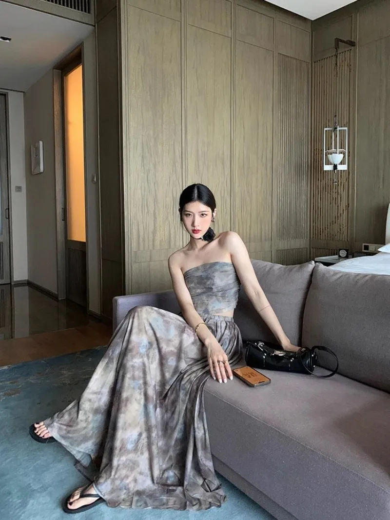 High Street Sexy New Summer Women Designer Vintage Printed Strapless Tube Top High Waist Long Skirt Female Two Piece Set