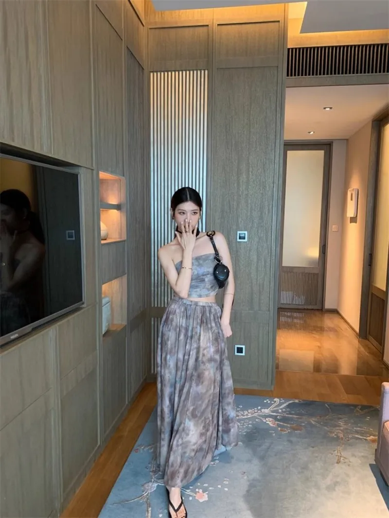 High Street Sexy New Summer Women Designer Vintage Printed Strapless Tube Top High Waist Long Skirt Female Two Piece Set