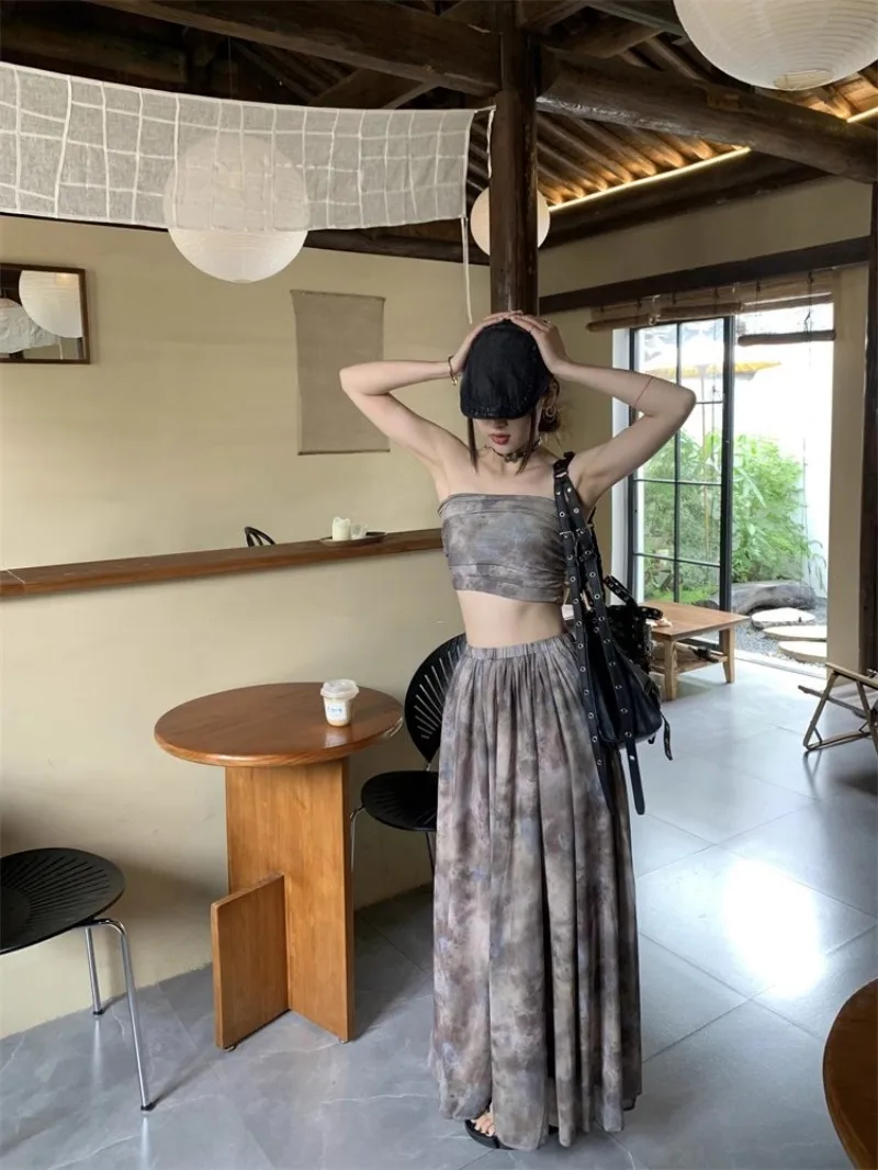 High Street Sexy New Summer Women Designer Vintage Printed Strapless Tube Top High Waist Long Skirt Female Two Piece Set