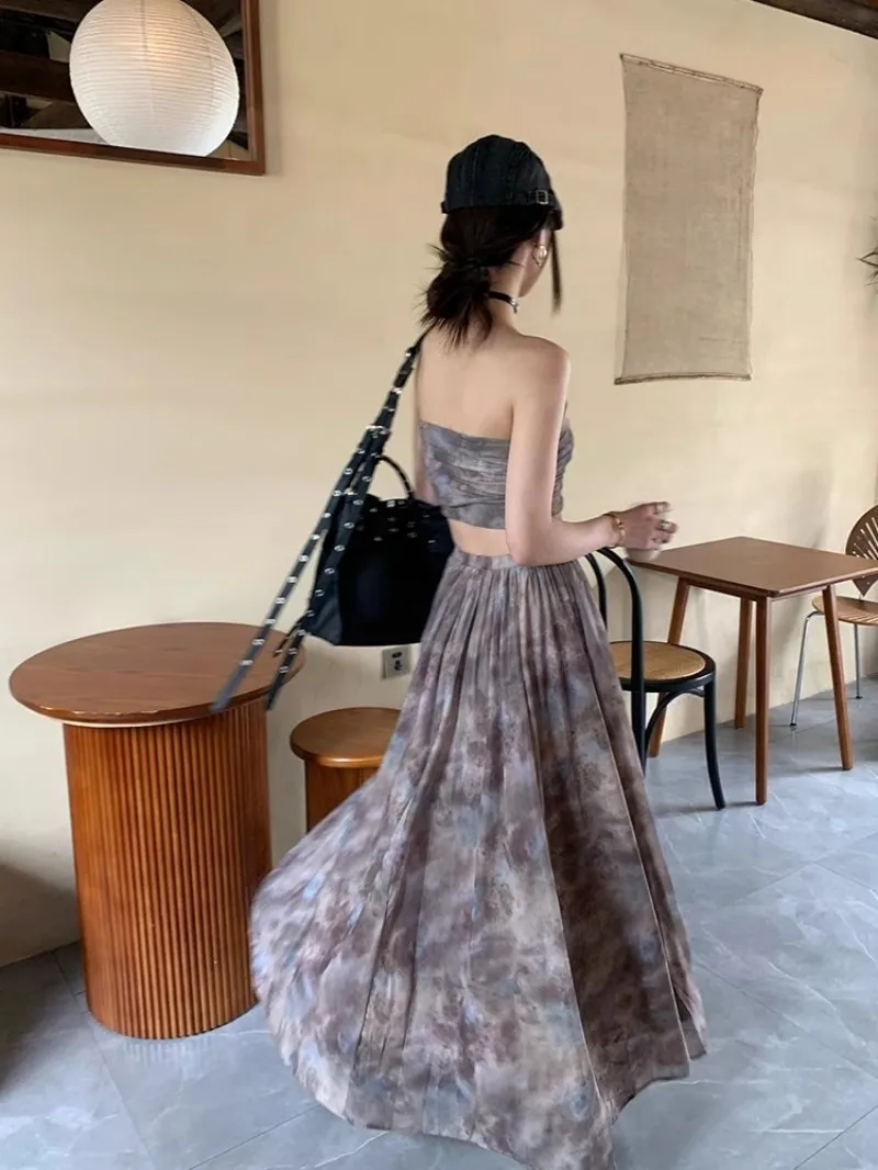 High Street Sexy New Summer Women Designer Vintage Printed Strapless Tube Top High Waist Long Skirt Female Two Piece Set