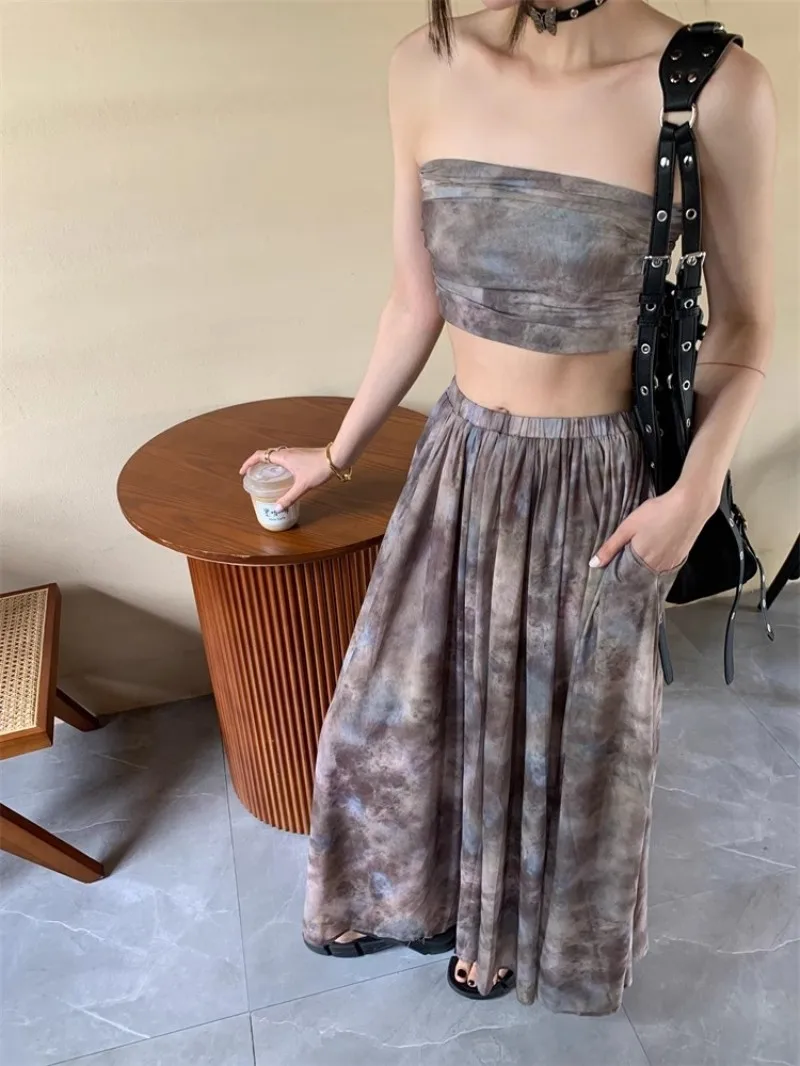 High Street Sexy New Summer Women Designer Vintage Printed Strapless Tube Top High Waist Long Skirt Female Two Piece Set