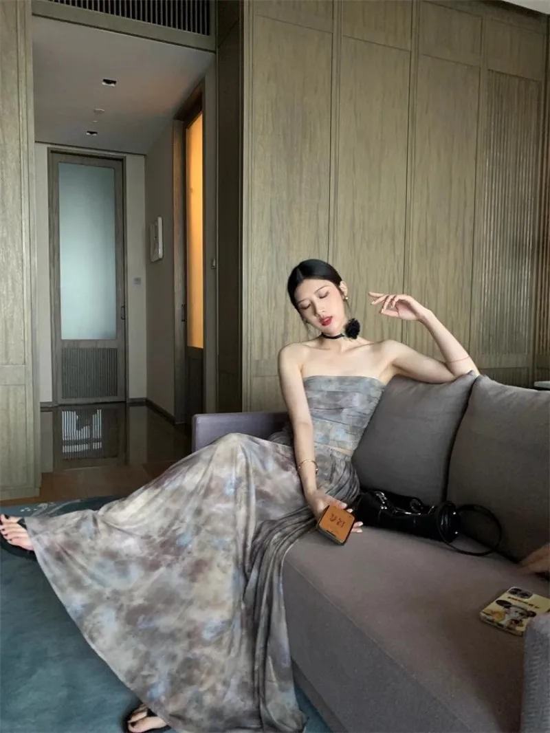 High Street Sexy New Summer Women Designer Vintage Printed Strapless Tube Top High Waist Long Skirt Female Two Piece Set