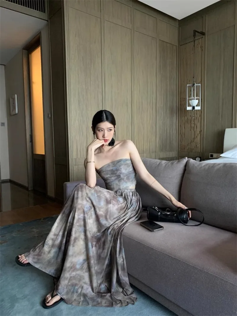 High Street Sexy New Summer Women Designer Vintage Printed Strapless Tube Top High Waist Long Skirt Female Two Piece Set
