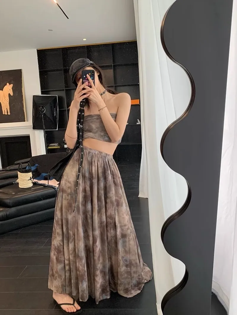 High Street Sexy New Summer Women Designer Vintage Printed Strapless Tube Top High Waist Long Skirt Female Two Piece Set