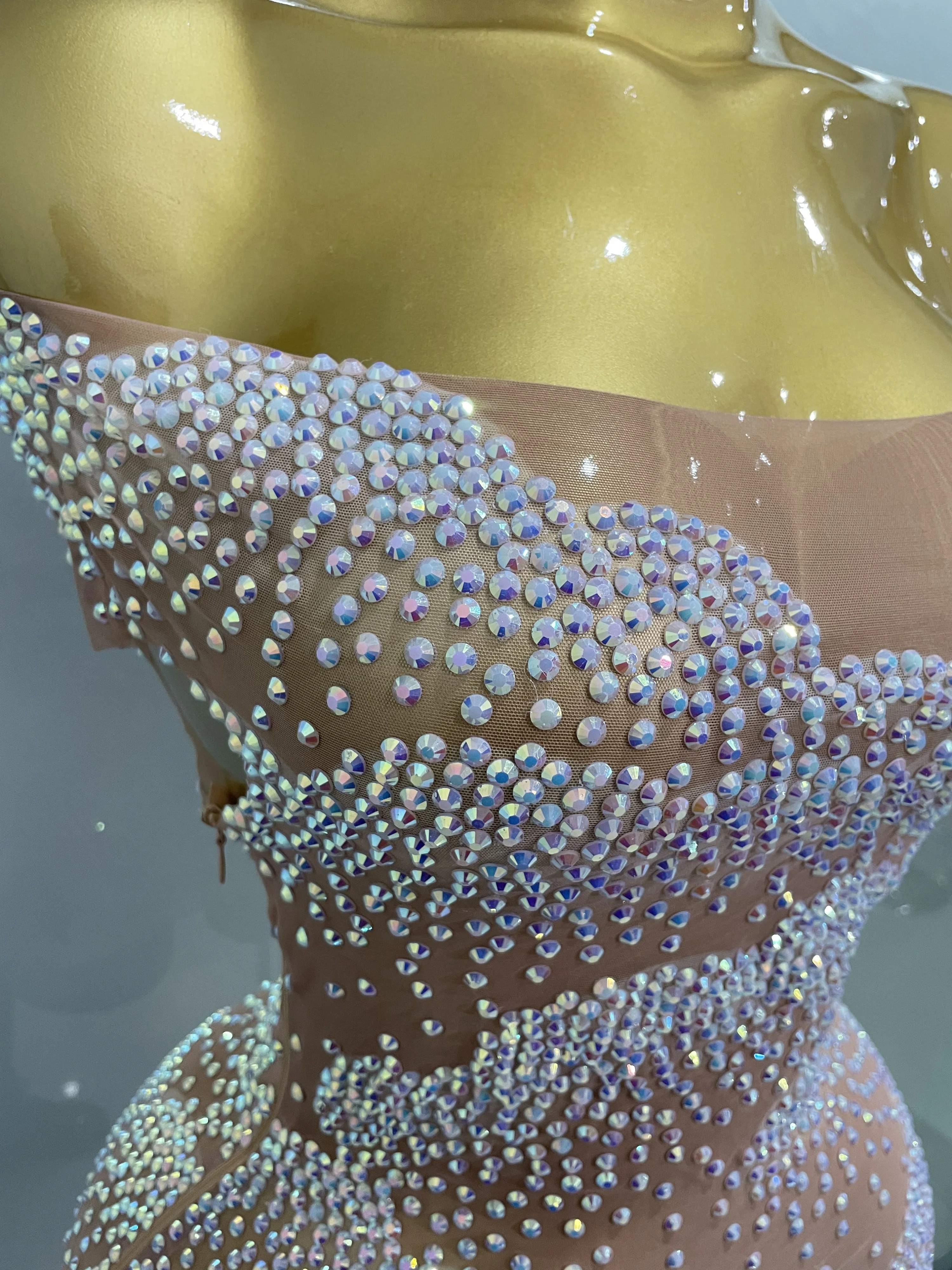 Sexy Sparkle Rhinestone Transparent Stretch Mini Dress 2025 New Women Evening Birthday Party Club Stage Performance Costume