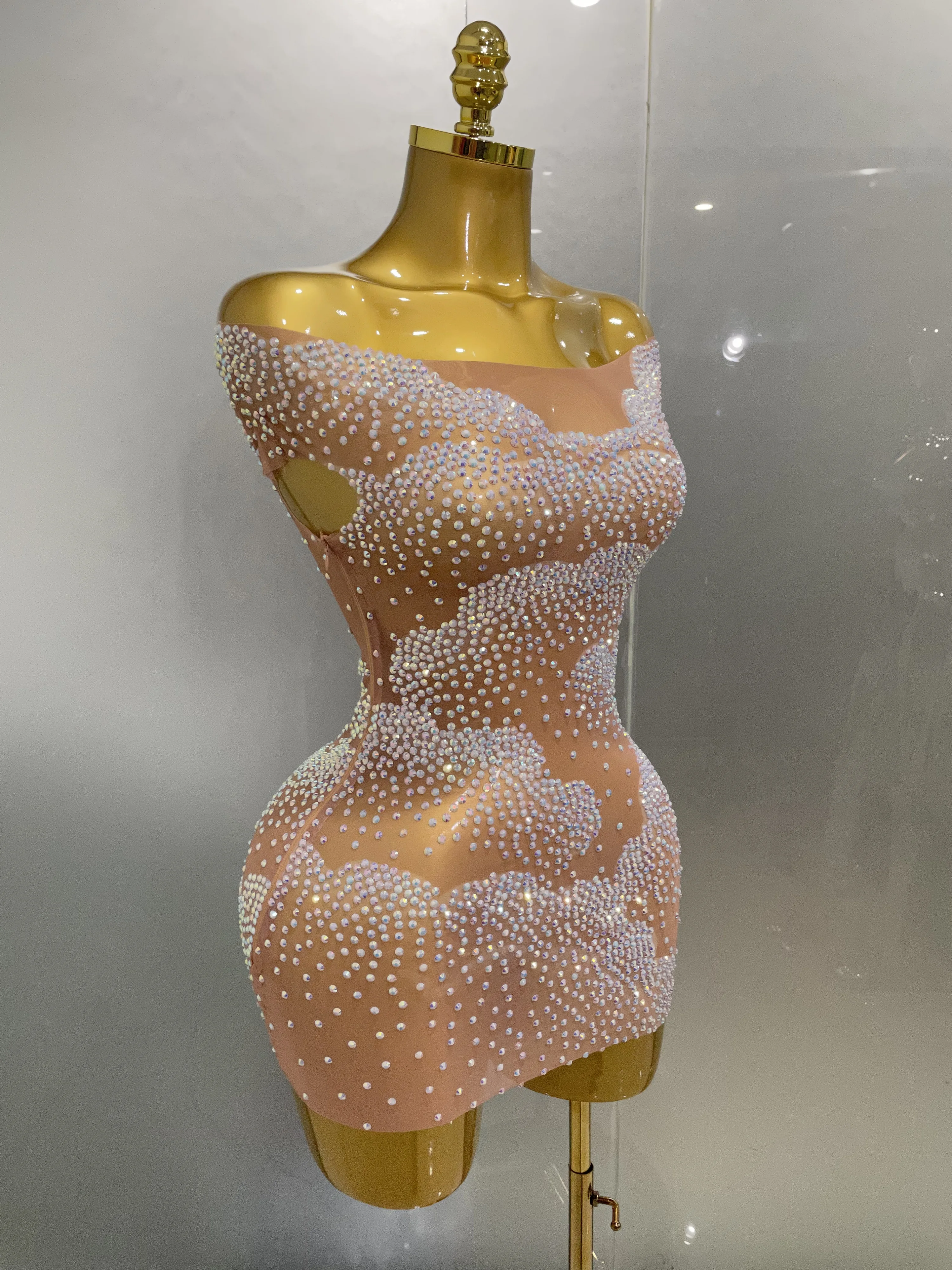 Sexy Sparkle Rhinestone Transparent Stretch Mini Dress 2025 New Women Evening Birthday Party Club Stage Performance Costume