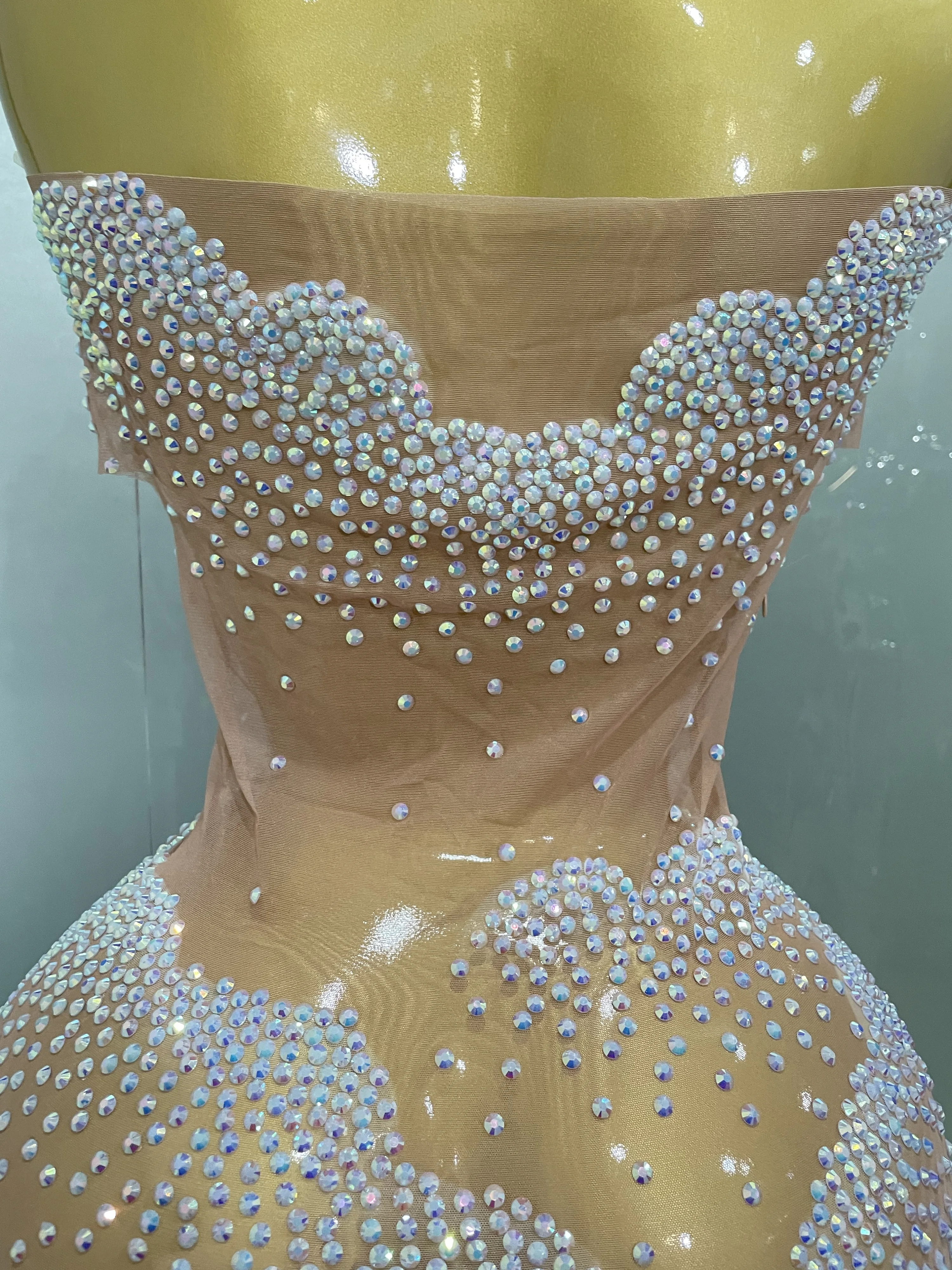 Sexy Sparkle Rhinestone Transparent Stretch Mini Dress 2025 New Women Evening Birthday Party Club Stage Performance Costume