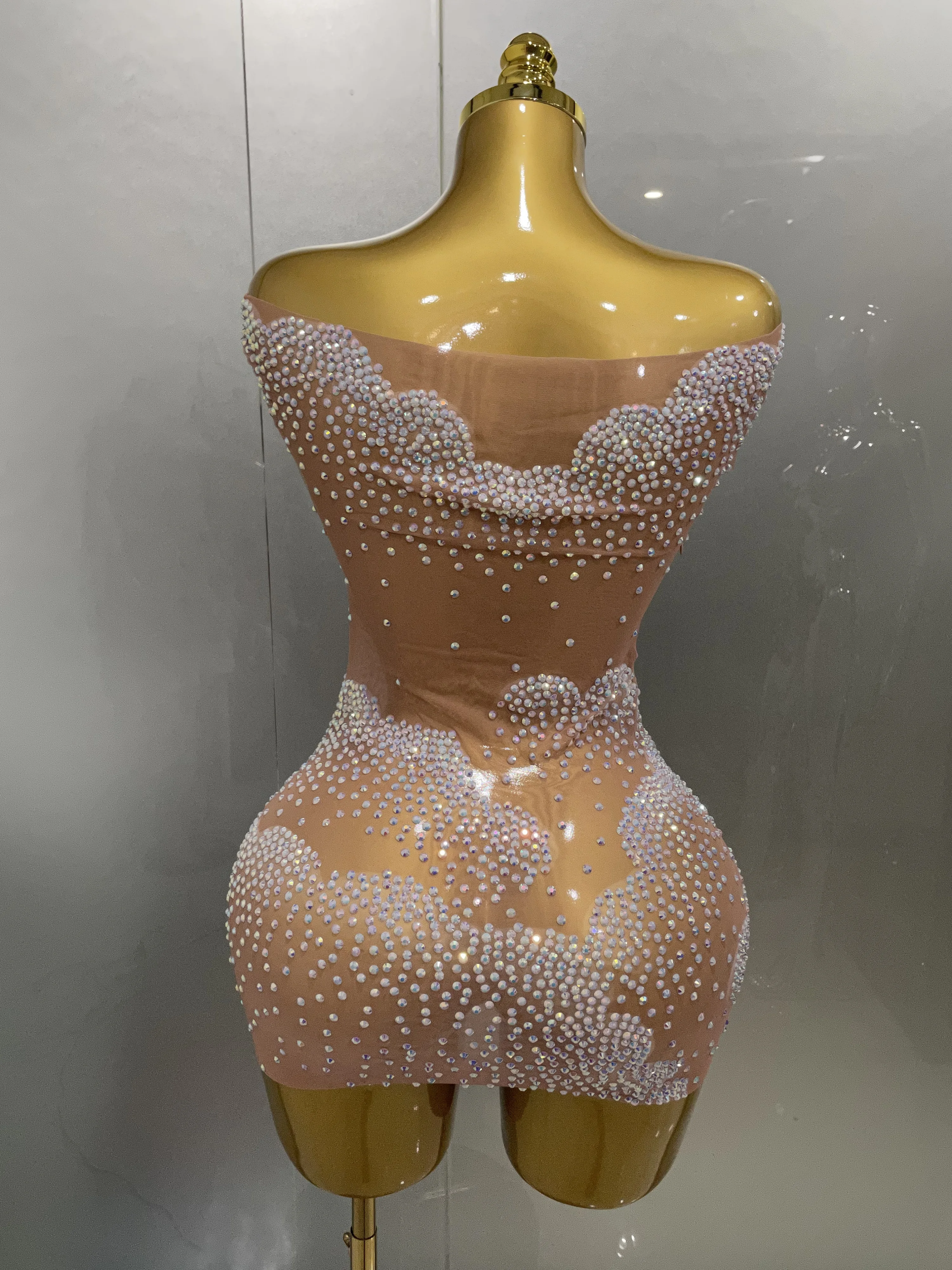 Sexy Sparkle Rhinestone Transparent Stretch Mini Dress 2025 New Women Evening Birthday Party Club Stage Performance Costume