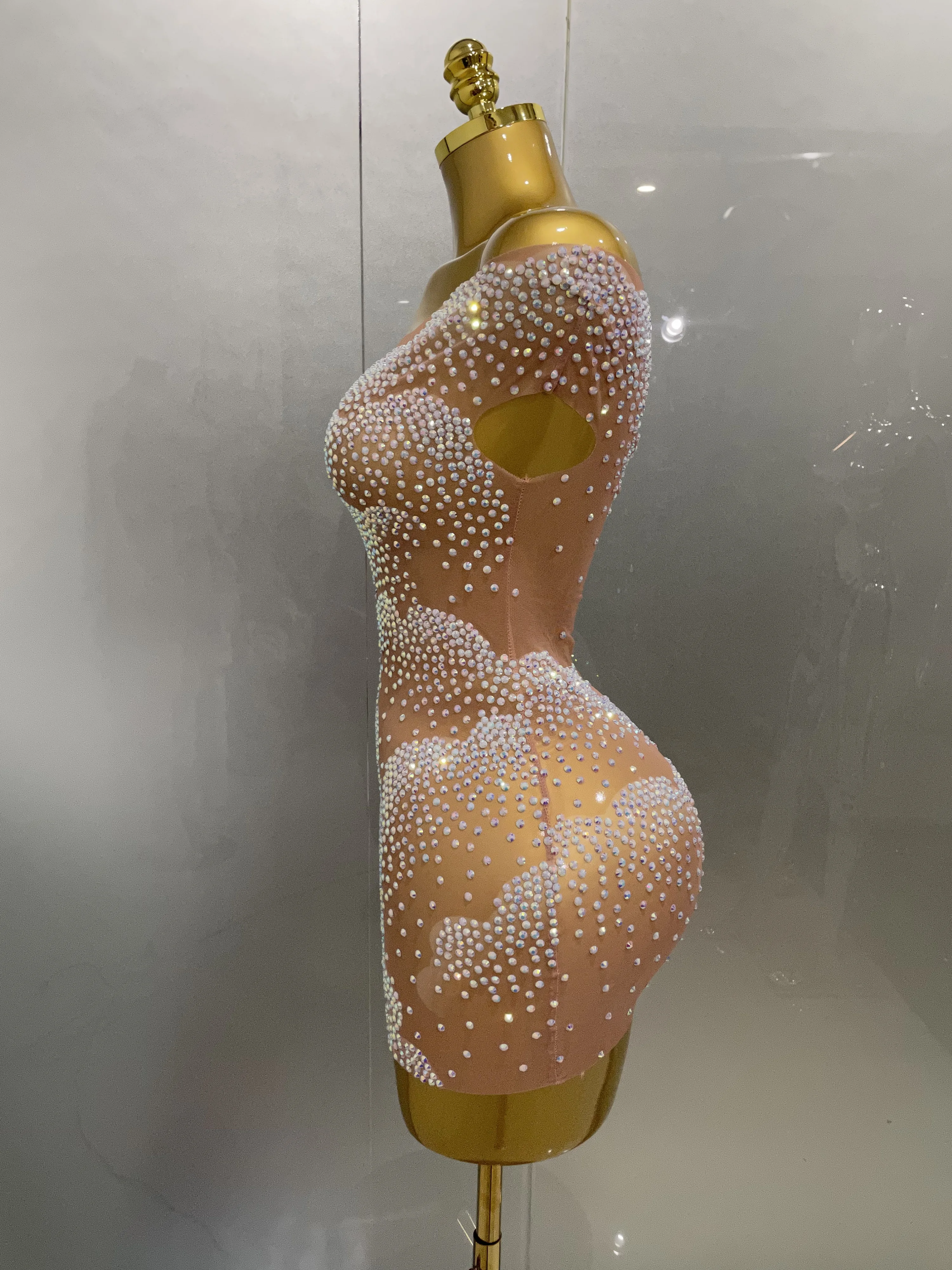Sexy Sparkle Rhinestone Transparent Stretch Mini Dress 2025 New Women Evening Birthday Party Club Stage Performance Costume