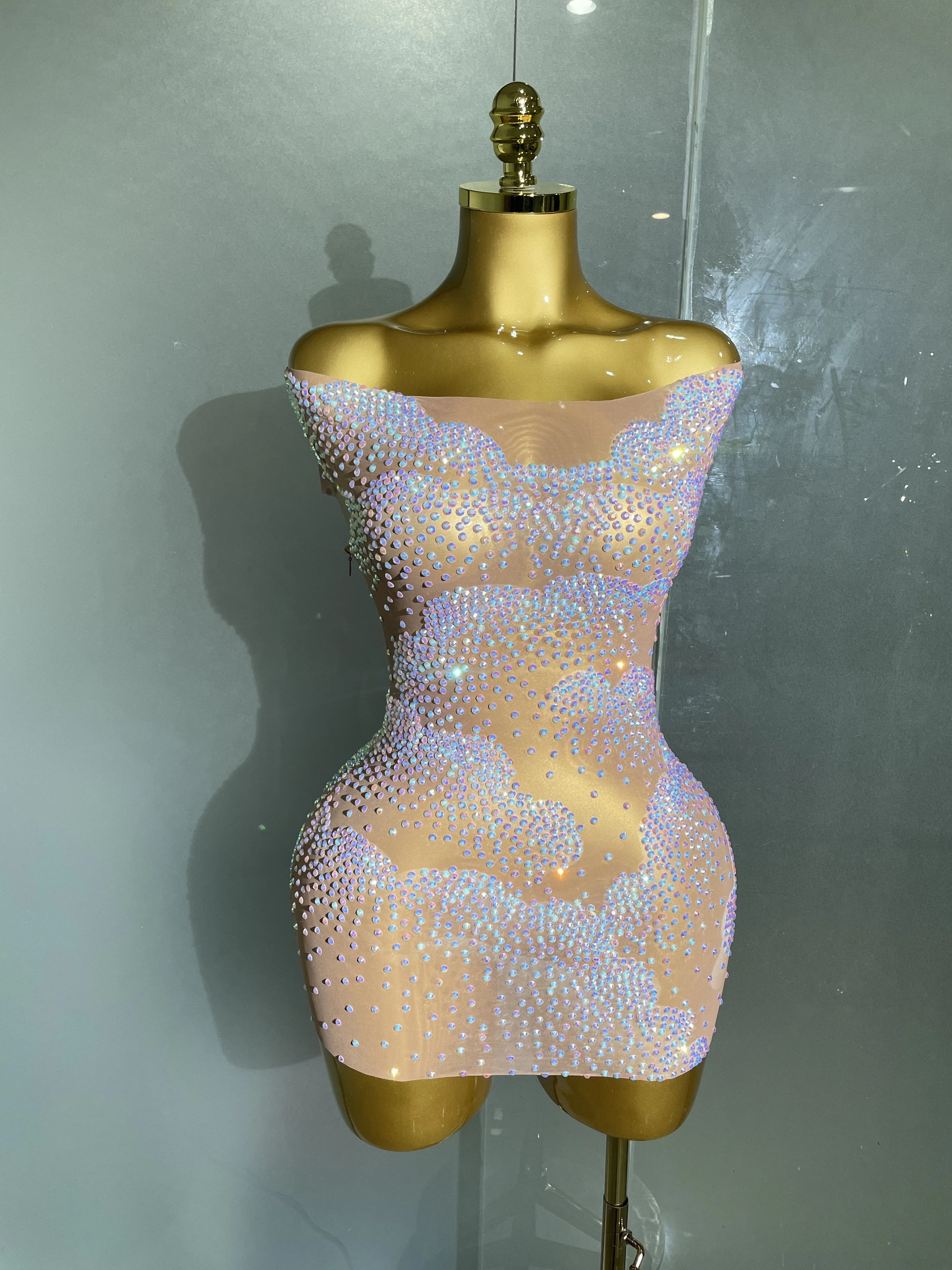 Sexy Sparkle Rhinestone Transparent Stretch Mini Dress 2025 New Women Evening Birthday Party Club Stage Performance Costume