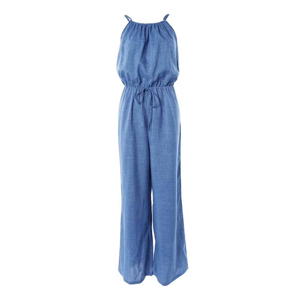 Women's Casual Solid Color Wide Leg Straight Overalls Summer Sleeveless Spaghetti Strap Drawstring Waist Jumpsuits
