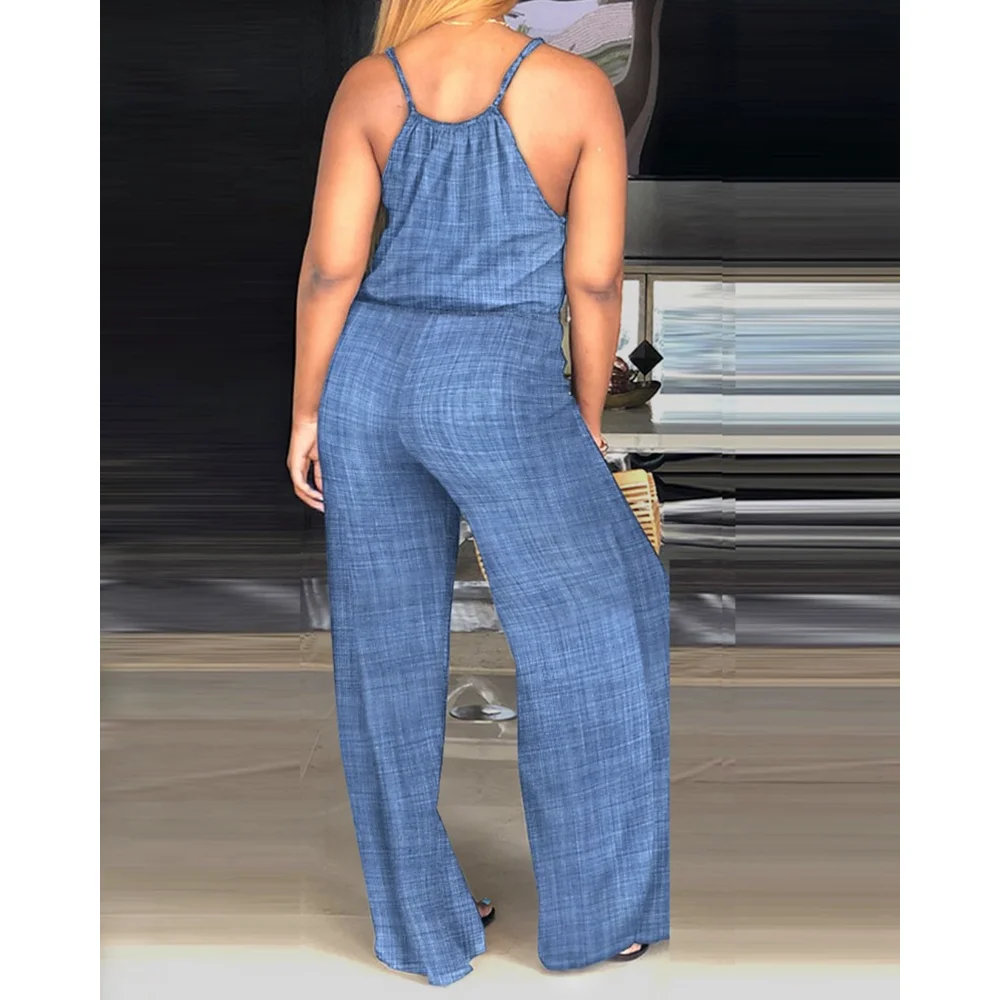 Women's Casual Solid Color Wide Leg Straight Overalls Summer Sleeveless Spaghetti Strap Drawstring Waist Jumpsuits
