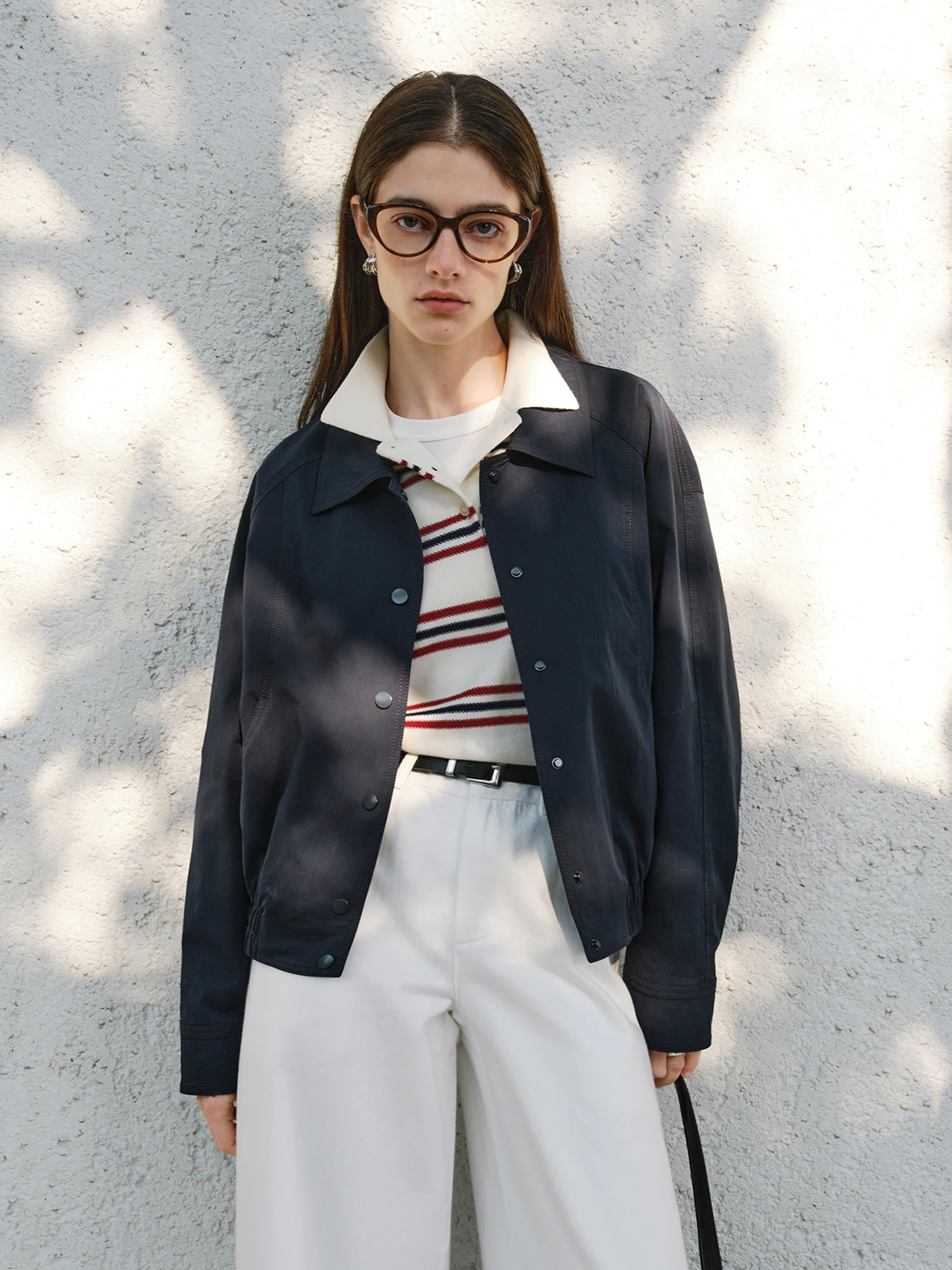 ZIQIAO Petite Size Jacket Short Jacket for Women 2025 Spring New Item Navy Blue Versatile Top Casual Loose Jacket 25ZQ91108