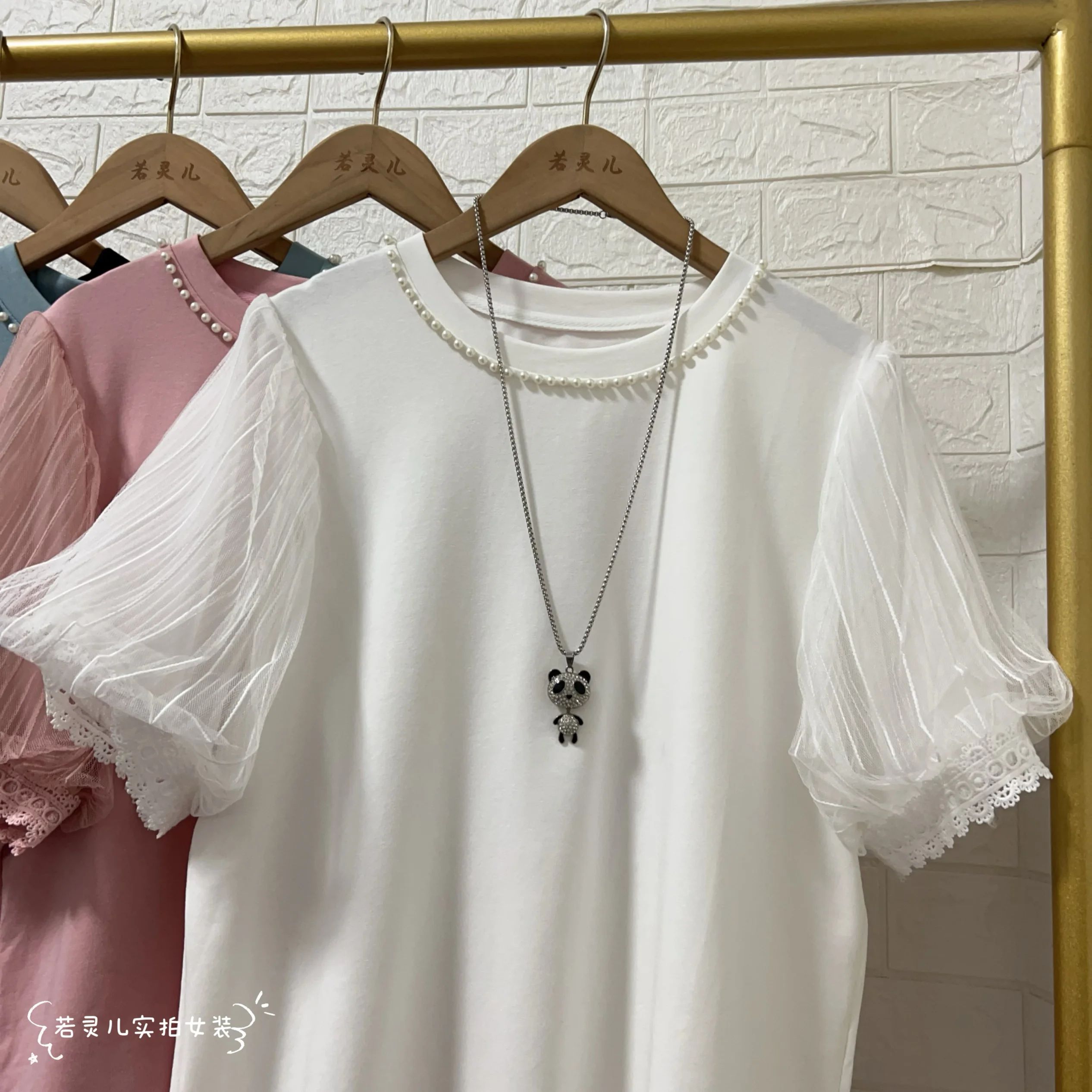 pearl collar women tees short sleeve bead work neck tops