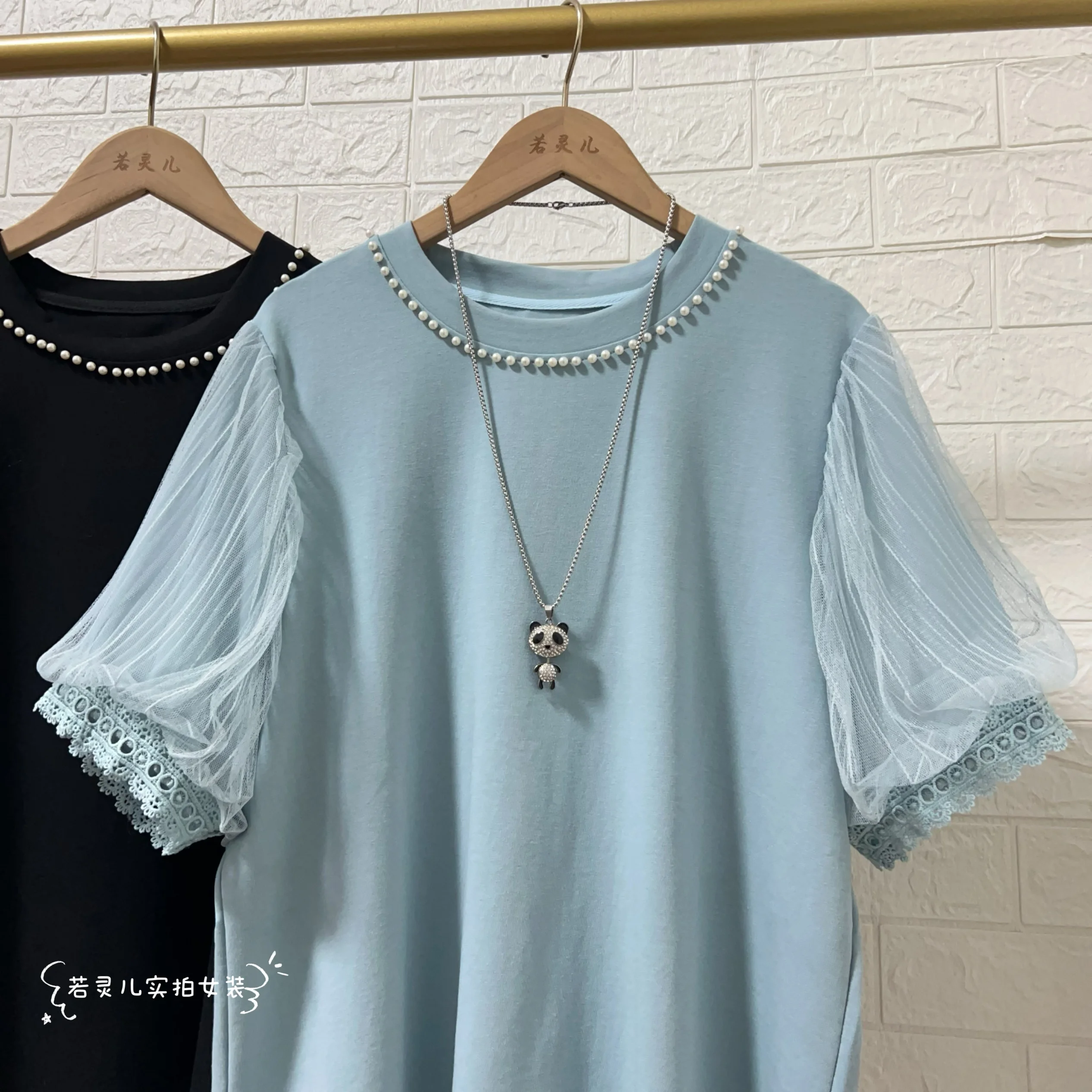 pearl collar women tees short sleeve bead work neck tops