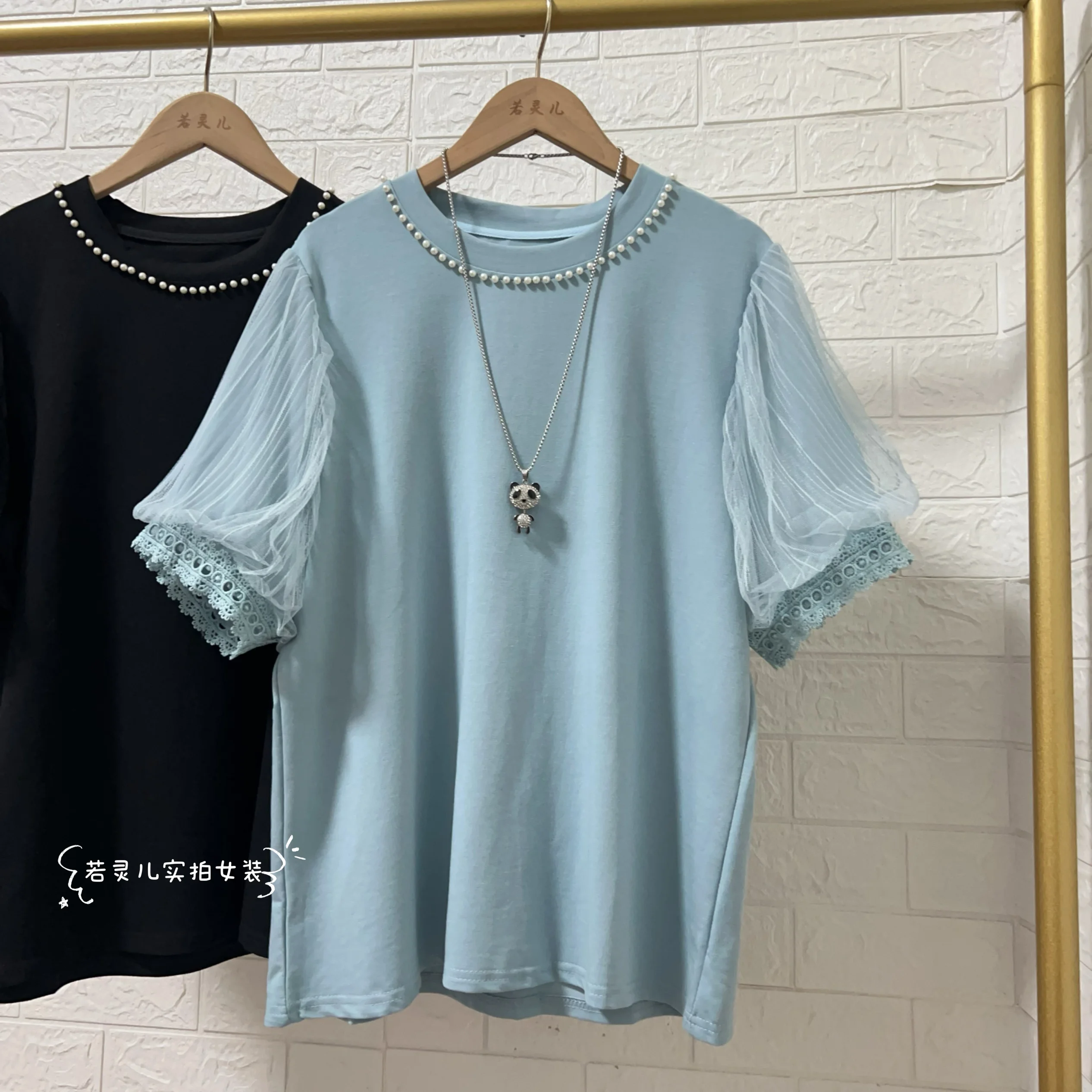 pearl collar women tees short sleeve bead work neck tops