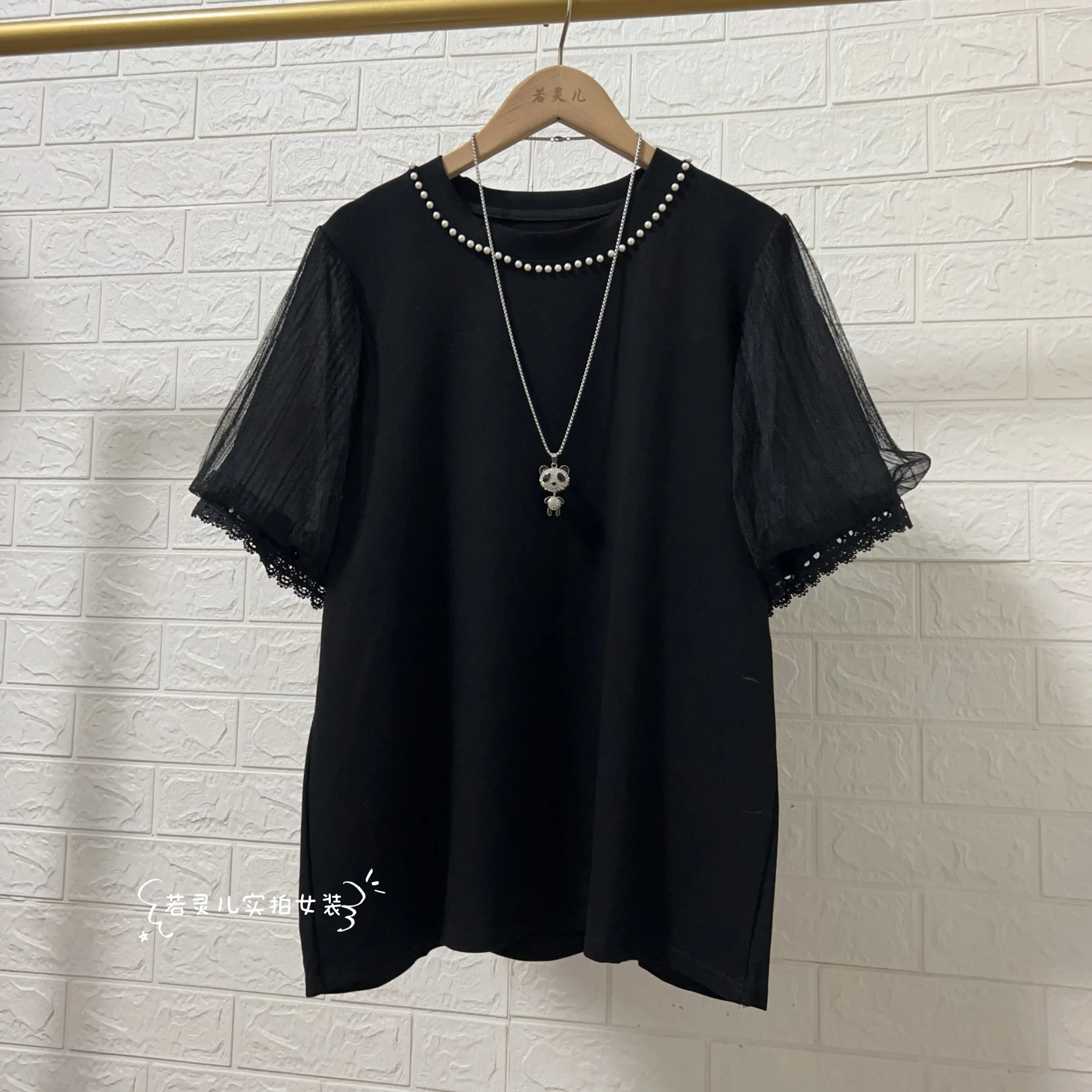 pearl collar women tees short sleeve bead work neck tops