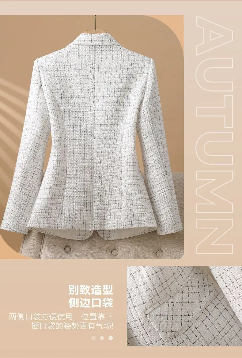 Fashionable White Checkered Suit Jacket For Women 2026 Spring Autumn  Small Fragrant New Design Elegant Suit Coat Female Blazer