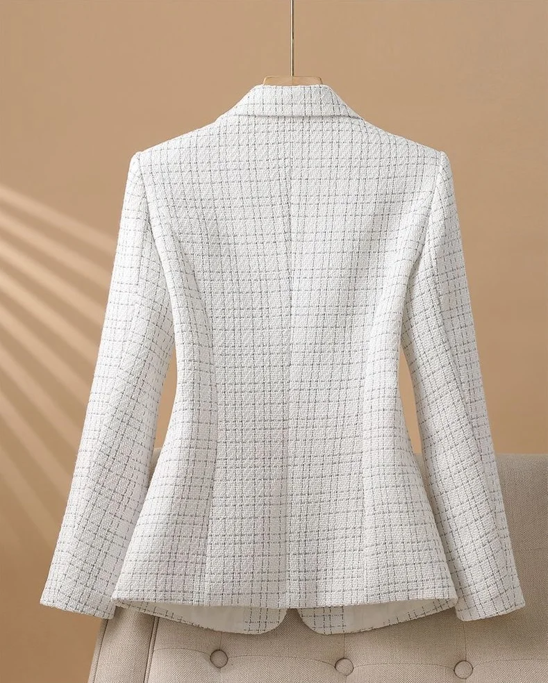Fashionable White Checkered Suit Jacket For Women 2026 Spring Autumn  Small Fragrant New Design Elegant Suit Coat Female Blazer