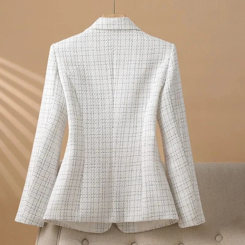 Fashionable White Checkered Suit Jacket For Women 2026 Spring Autumn  Small Fragrant New Design Elegant Suit Coat Female Blazer