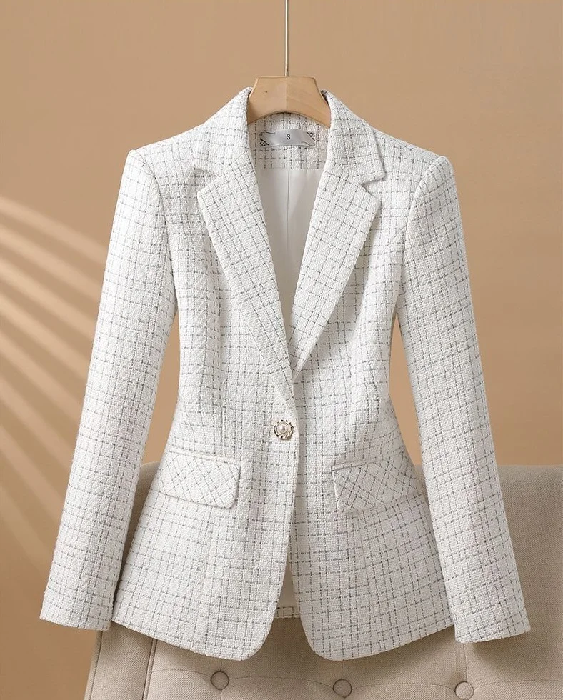 Fashionable White Checkered Suit Jacket For Women 2026 Spring Autumn  Small Fragrant New Design Elegant Suit Coat Female Blazer