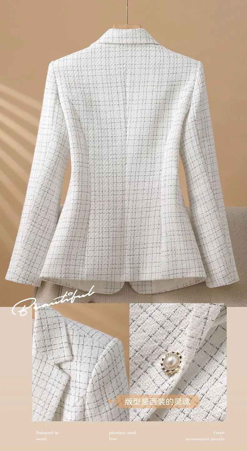 Fashionable White Checkered Suit Jacket For Women 2026 Spring Autumn  Small Fragrant New Design Elegant Suit Coat Female Blazer