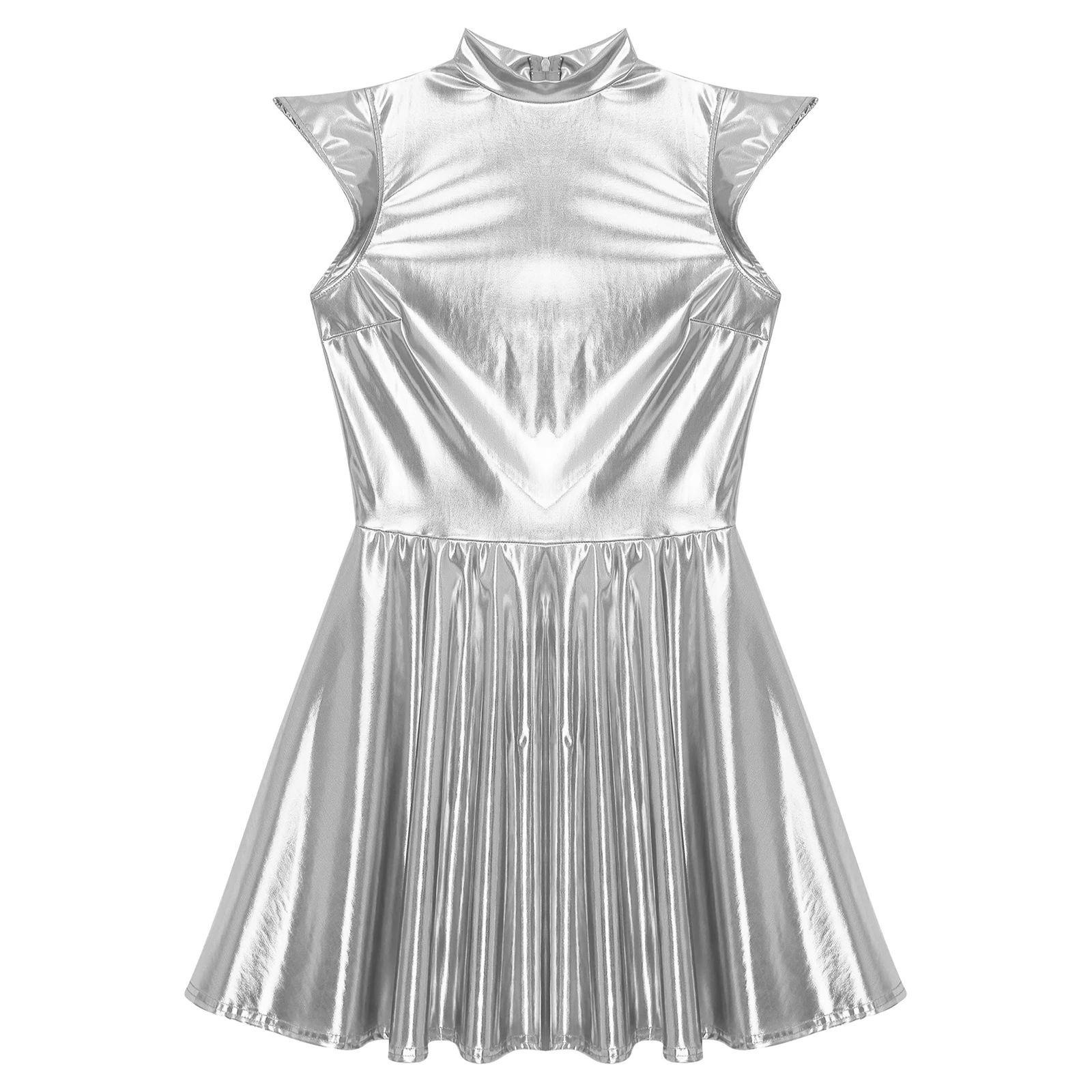Womens Cocktail Dress Shiny Metallic Dress Alien Space Cap Sleeve High Waist A-line Dress for Halloween Party High Street Dress