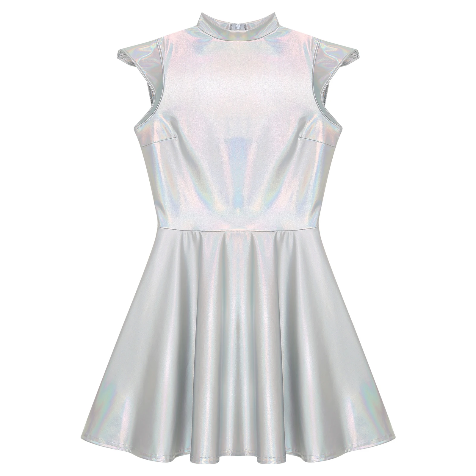 Womens Cocktail Dress Shiny Metallic Dress Alien Space Cap Sleeve High Waist A-line Dress for Halloween Party High Street Dress