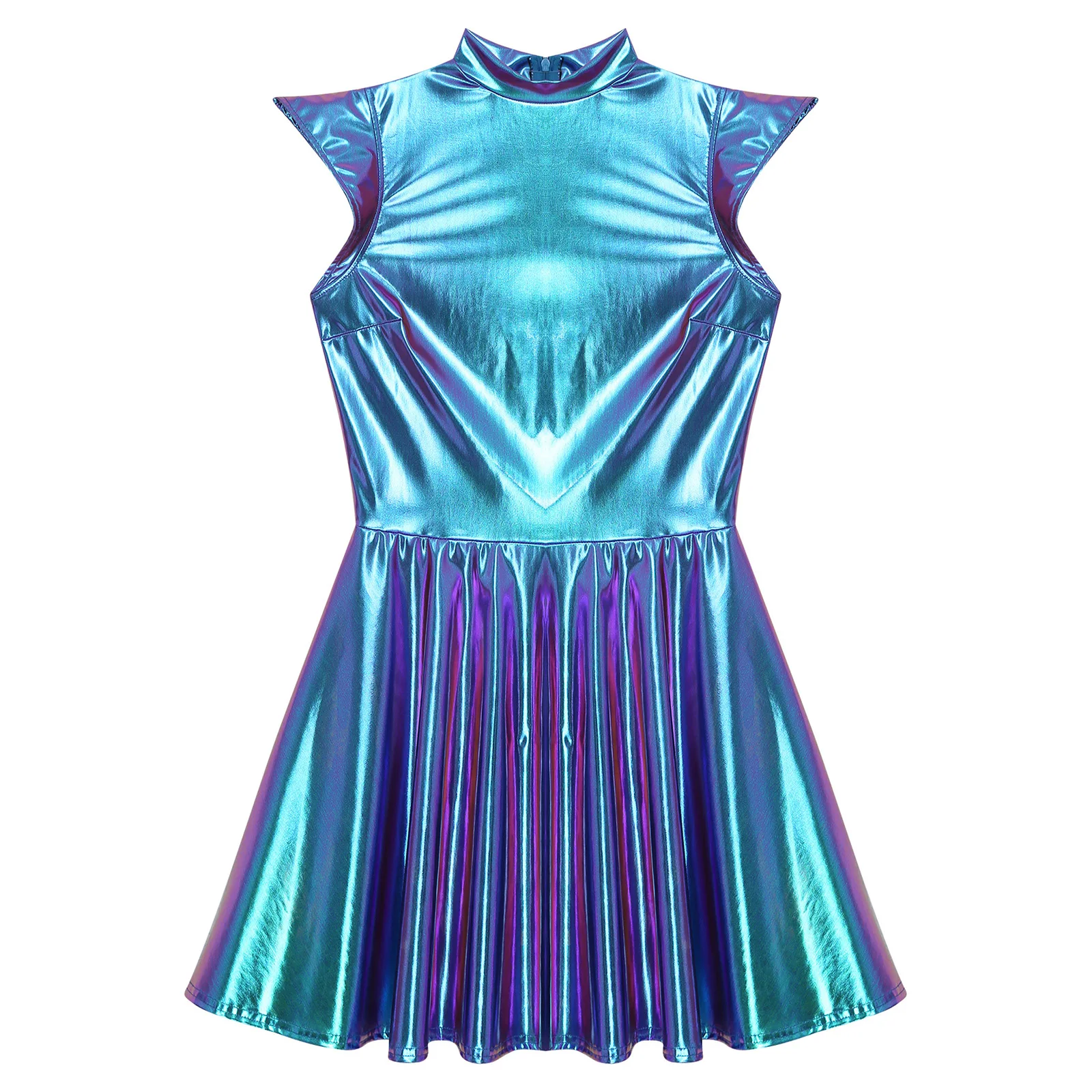 Womens Cocktail Dress Shiny Metallic Dress Alien Space Cap Sleeve High Waist A-line Dress for Halloween Party High Street Dress