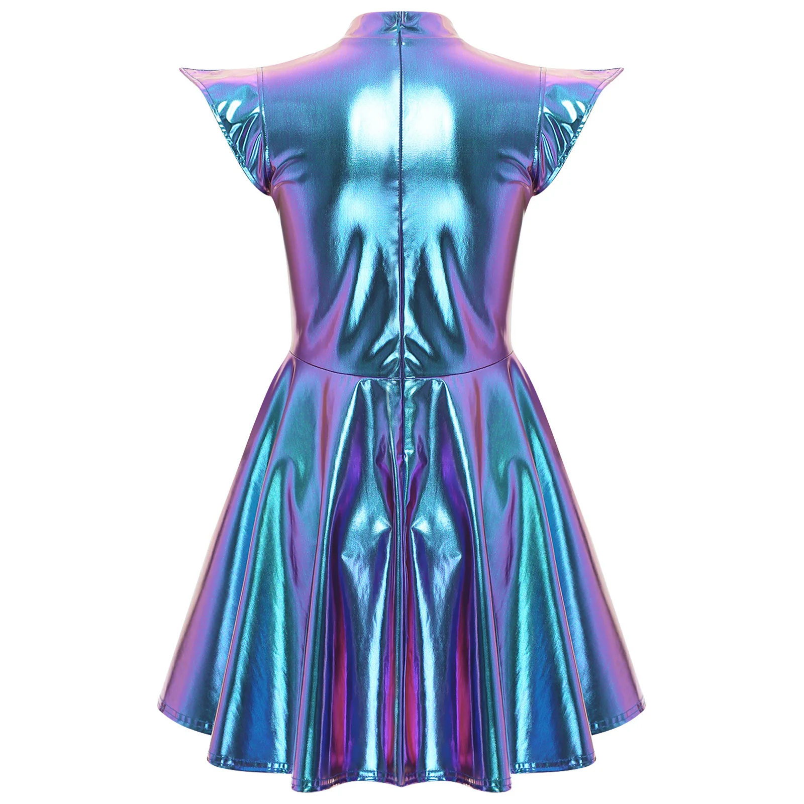 Womens Cocktail Dress Shiny Metallic Dress Alien Space Cap Sleeve High Waist A-line Dress for Halloween Party High Street Dress