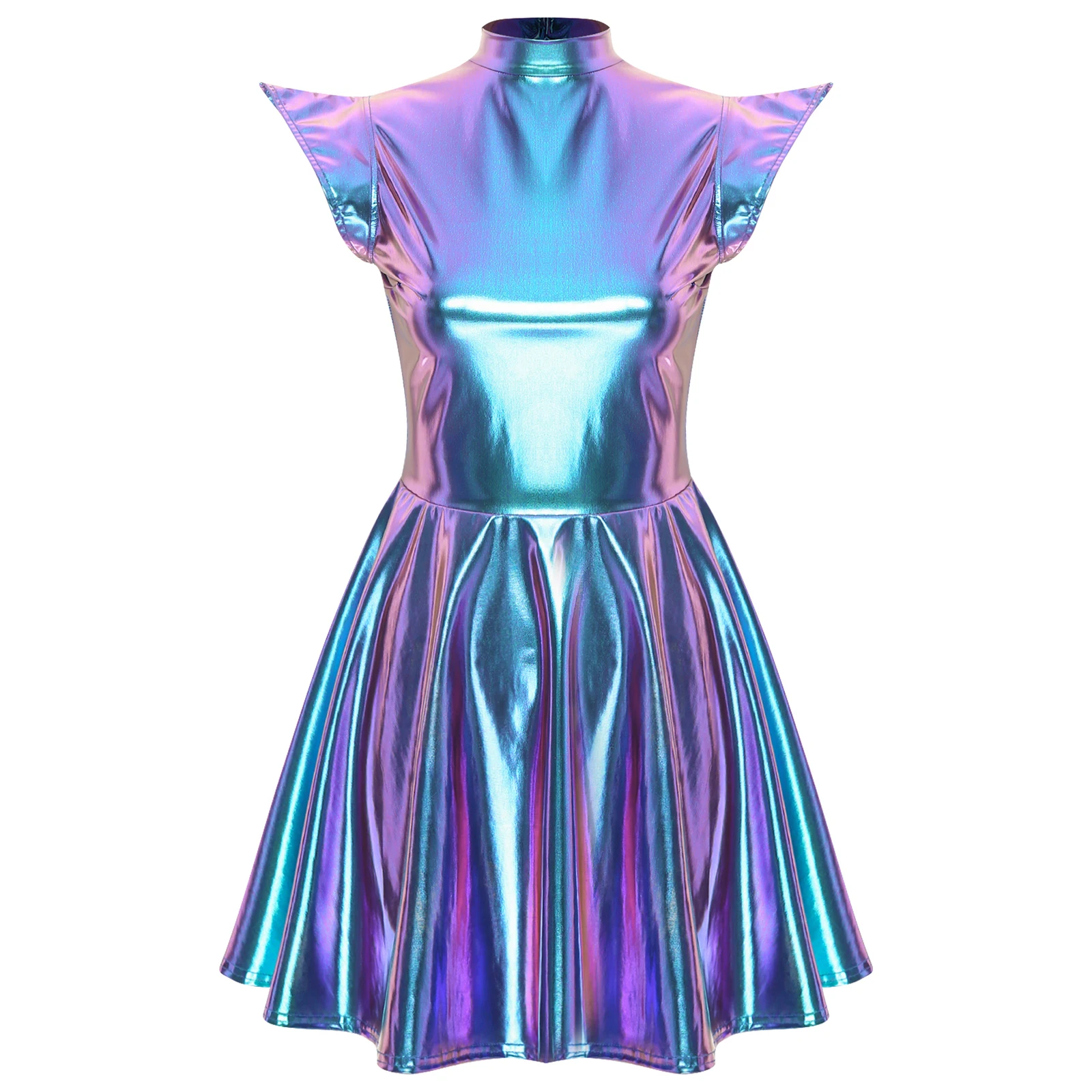 Womens Cocktail Dress Shiny Metallic Dress Alien Space Cap Sleeve High Waist A-line Dress for Halloween Party High Street Dress