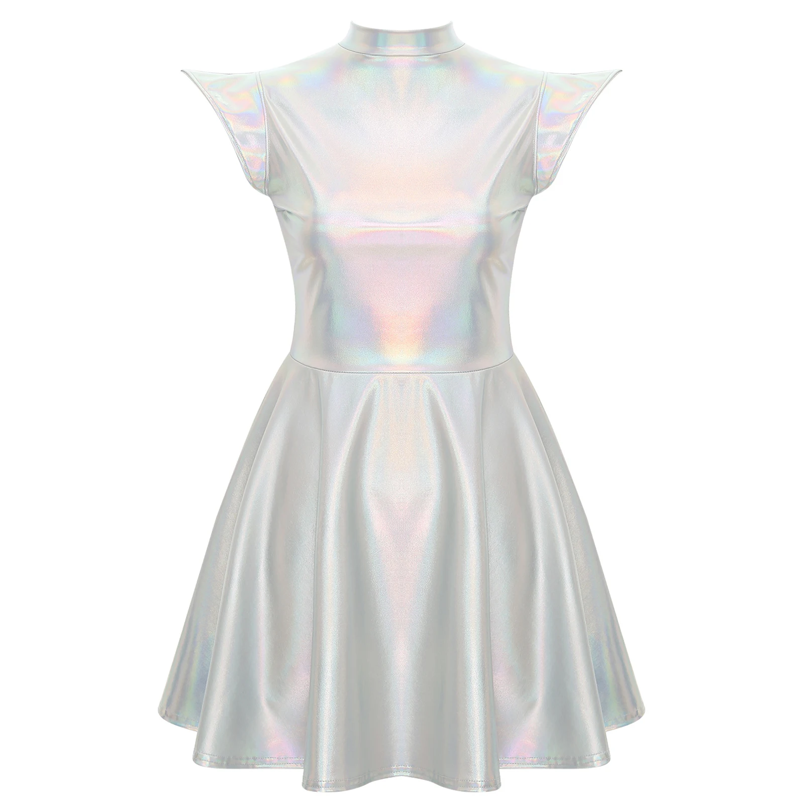 Womens Cocktail Dress Shiny Metallic Dress Alien Space Cap Sleeve High Waist A-line Dress for Halloween Party High Street Dress