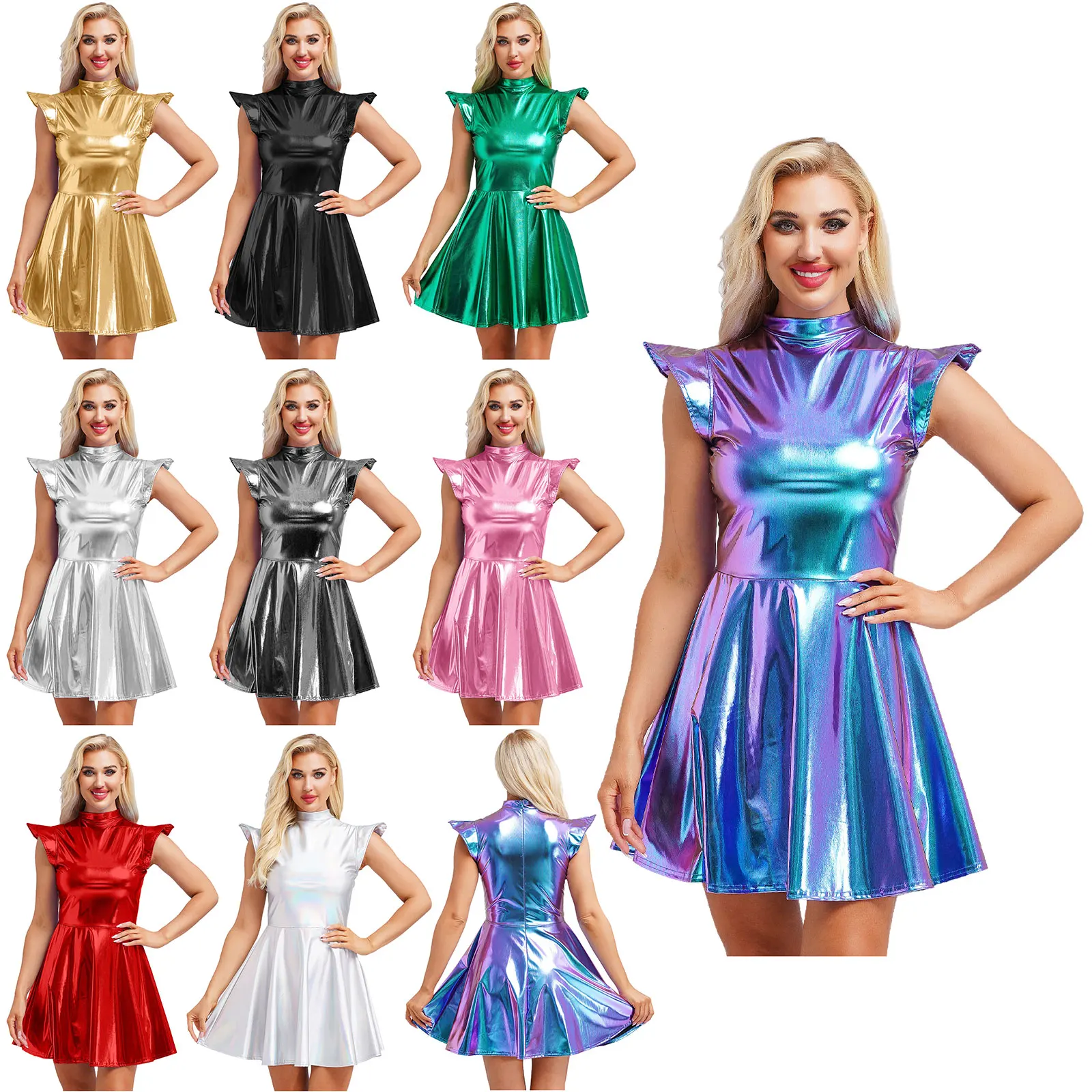 Womens Cocktail Dress Shiny Metallic Dress Alien Space Cap Sleeve High Waist A-line Dress for Halloween Party High Street Dress